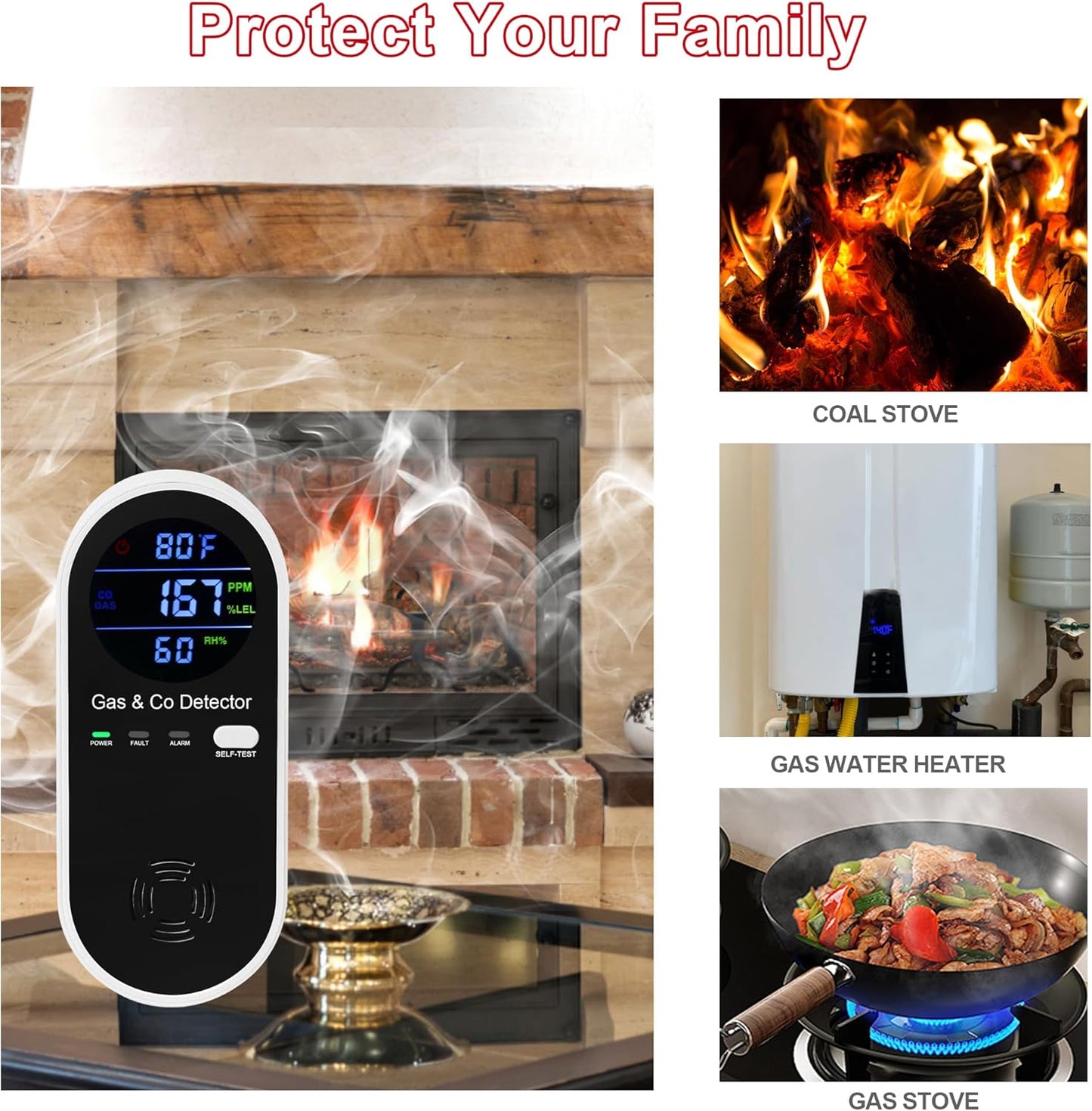 Natural Gas & Carbon Monoxide Detector, Plug in Carbon Monoxide Alarm,Natural Gas Detector,Propane,Methane,4-in-1 Combustible Gas & CO Detector with Fahrenheit(°F) & Humidity for Home,RV,Apartment