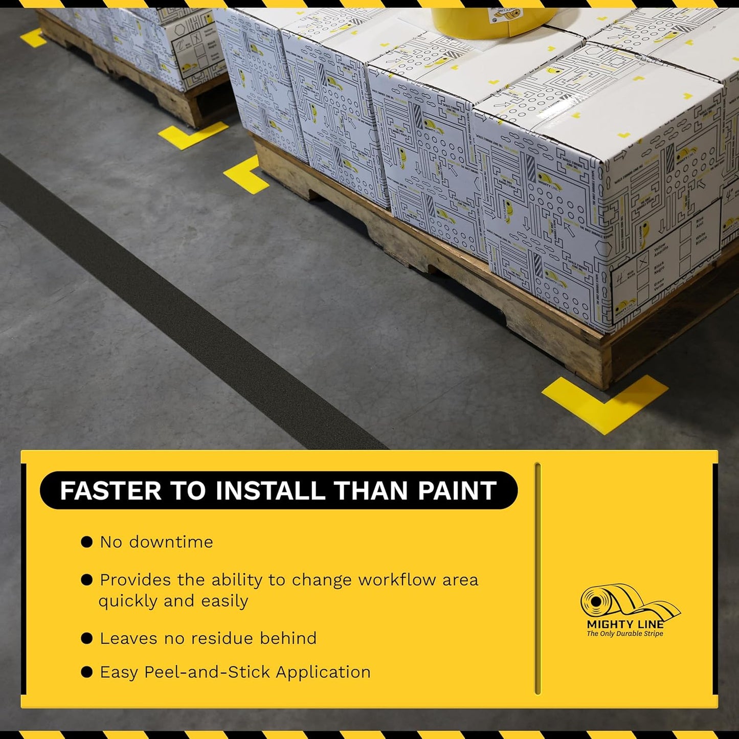 Mighty Line Anti-Slip Caution Floor Marking Tape for Safety, Warning, Heavy-Duty, Peel and Stick, Adhesive, Industrial Quality, 4" Black, 60' Roll