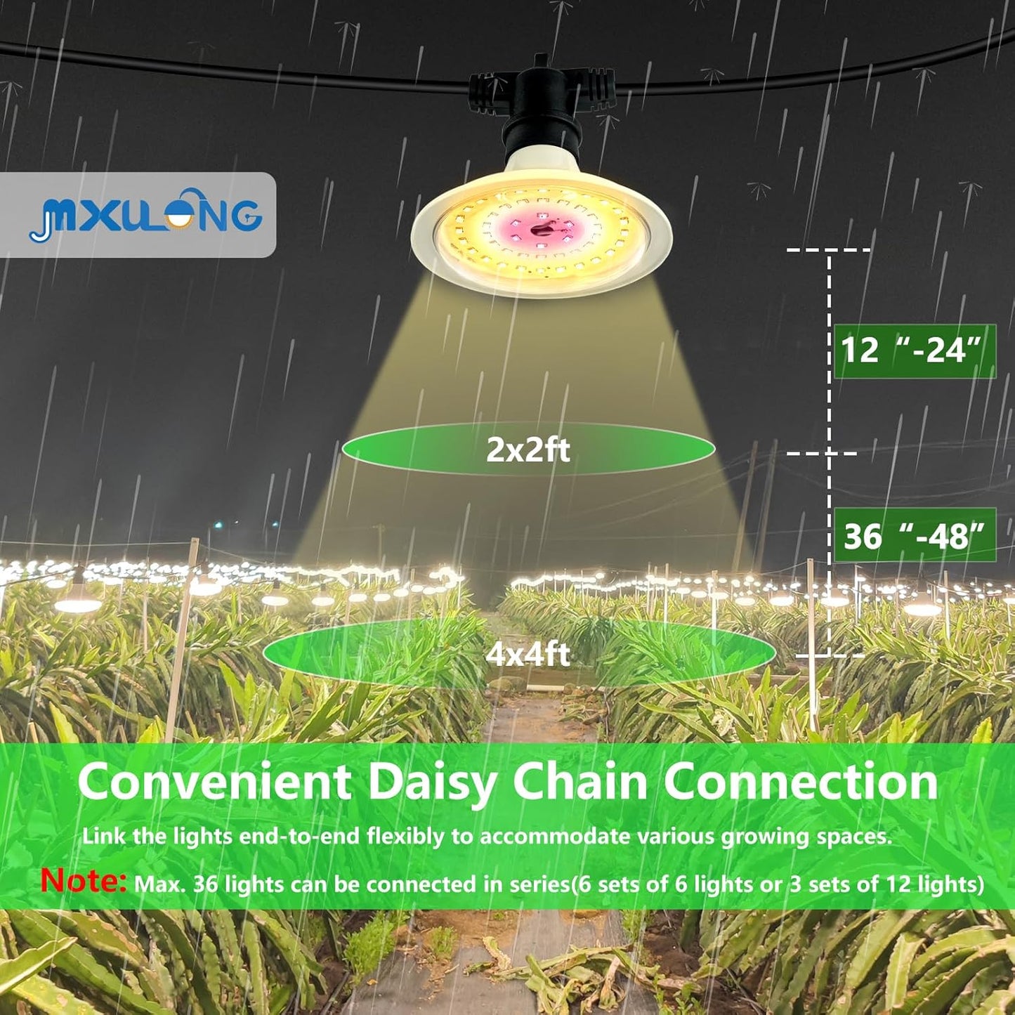 Outdoor LED Grow Lights, Waterproof String Grow Light, Full Spectrum Plant Growing Lights Greenhouse 44Ft Adjustable Cord 12 Lights