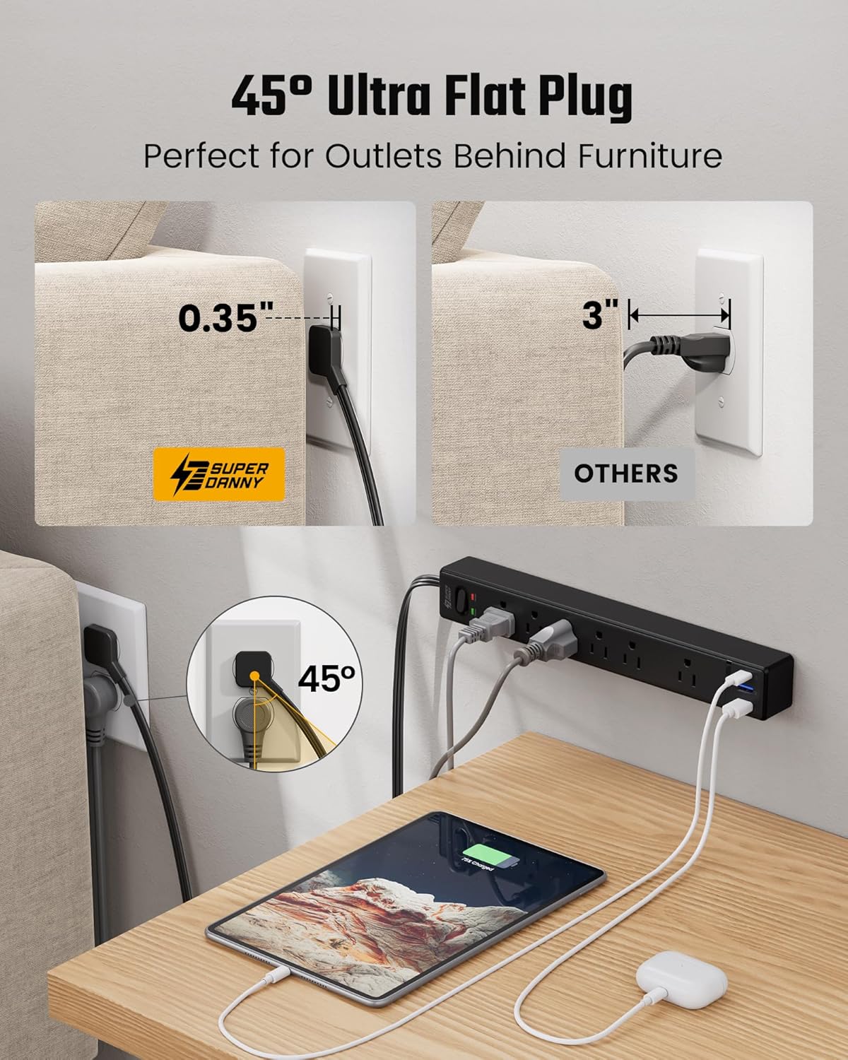 10Ft Extension Cord with Multiple Outlets, SUPERDANNY Flat Plug Surge Protector Power Strip with 3 USB Ports & 6 Outlets, 10 Ft Long Cord, Black Charging Station for Home Office, Dorm Room Essentials