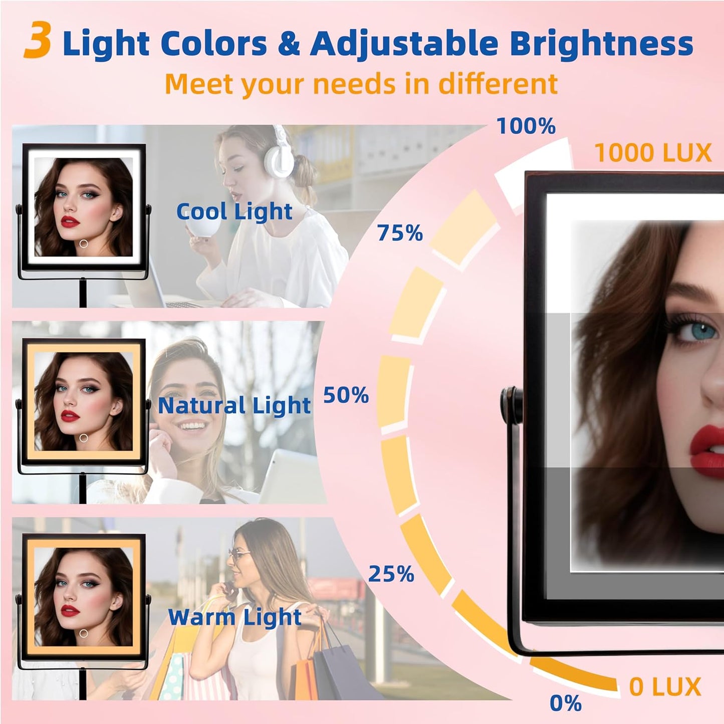 Ruacq Rechargeable Makeup Mirror, 4000mAh Lighted Makeup Mirror with Magnification 1X/10X, Height Adjustable Vanity Mirror with Lights, 3 Color Lights, Adjustable Brightness, (Oil Rubbed Bronze)