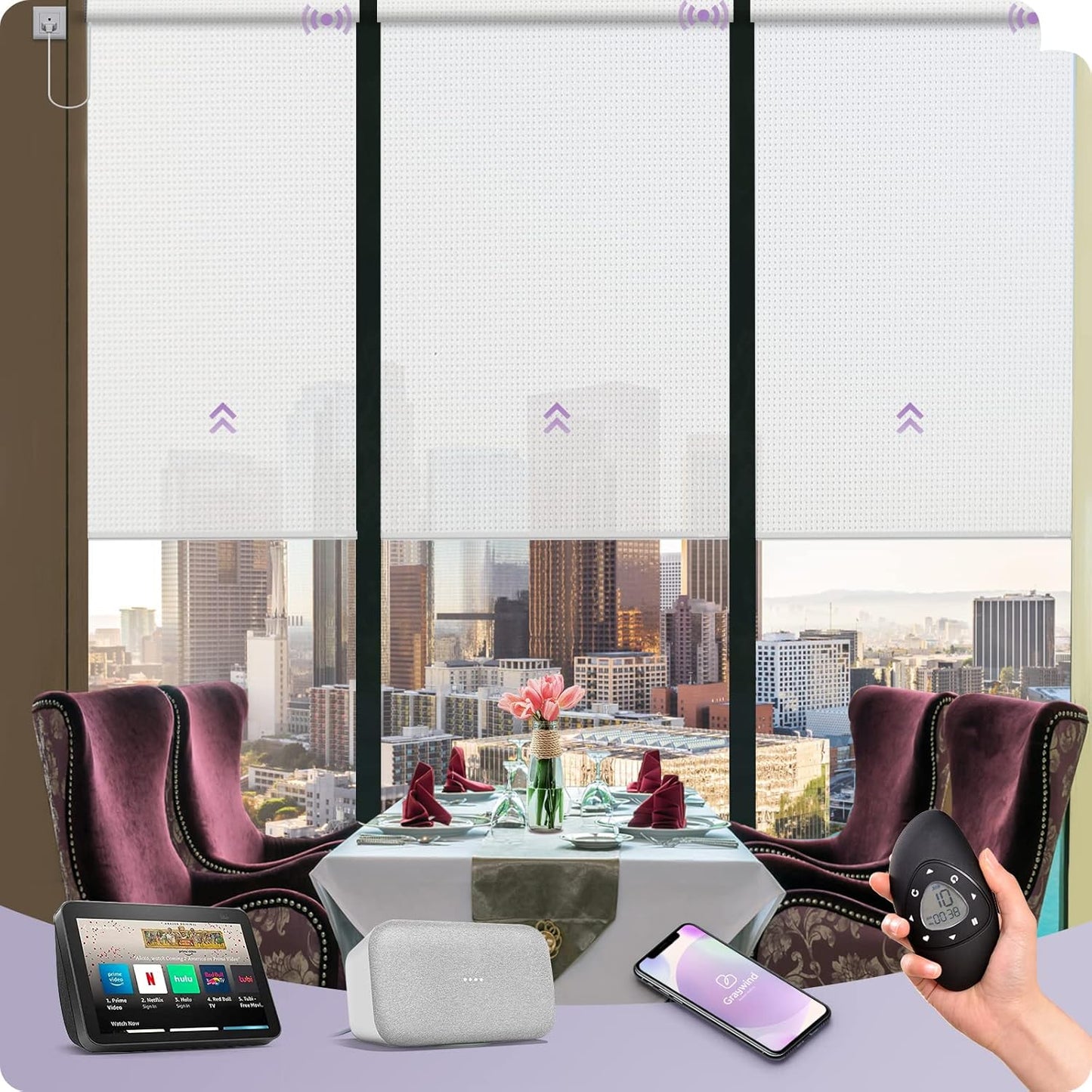 Graywind Motorized Solar Shades Compatible with Alexa Google Hardwired WiFi Smart Light Filtering Blind Remote Control Automated Blinds Electric Window Shade, Custom Size (5% Openness White)