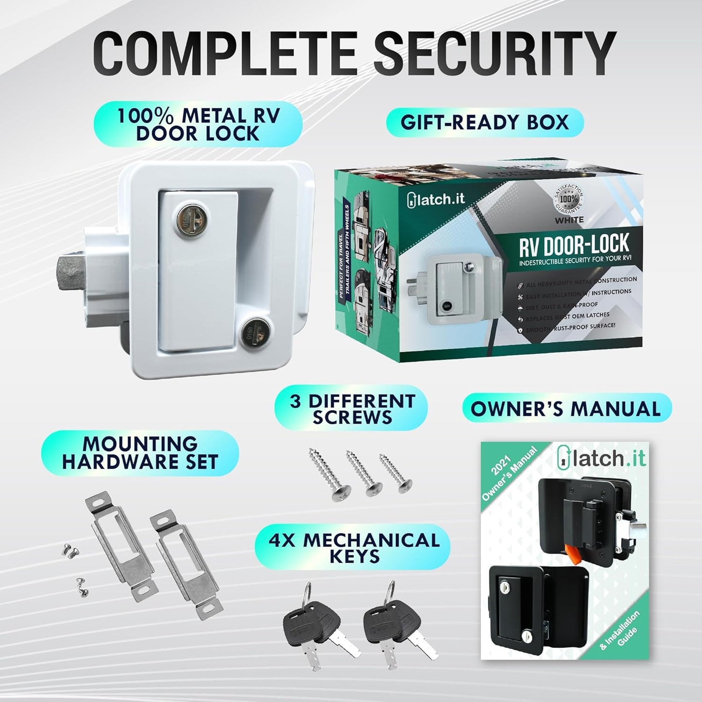 LATCH.IT White RV Door Latch | 2 Keyed Alike RV Door Locks for Travel Trailers | 100% Metal Camper Door Lock w/ 4 Keys | Easy-to-Install & Fits Most!