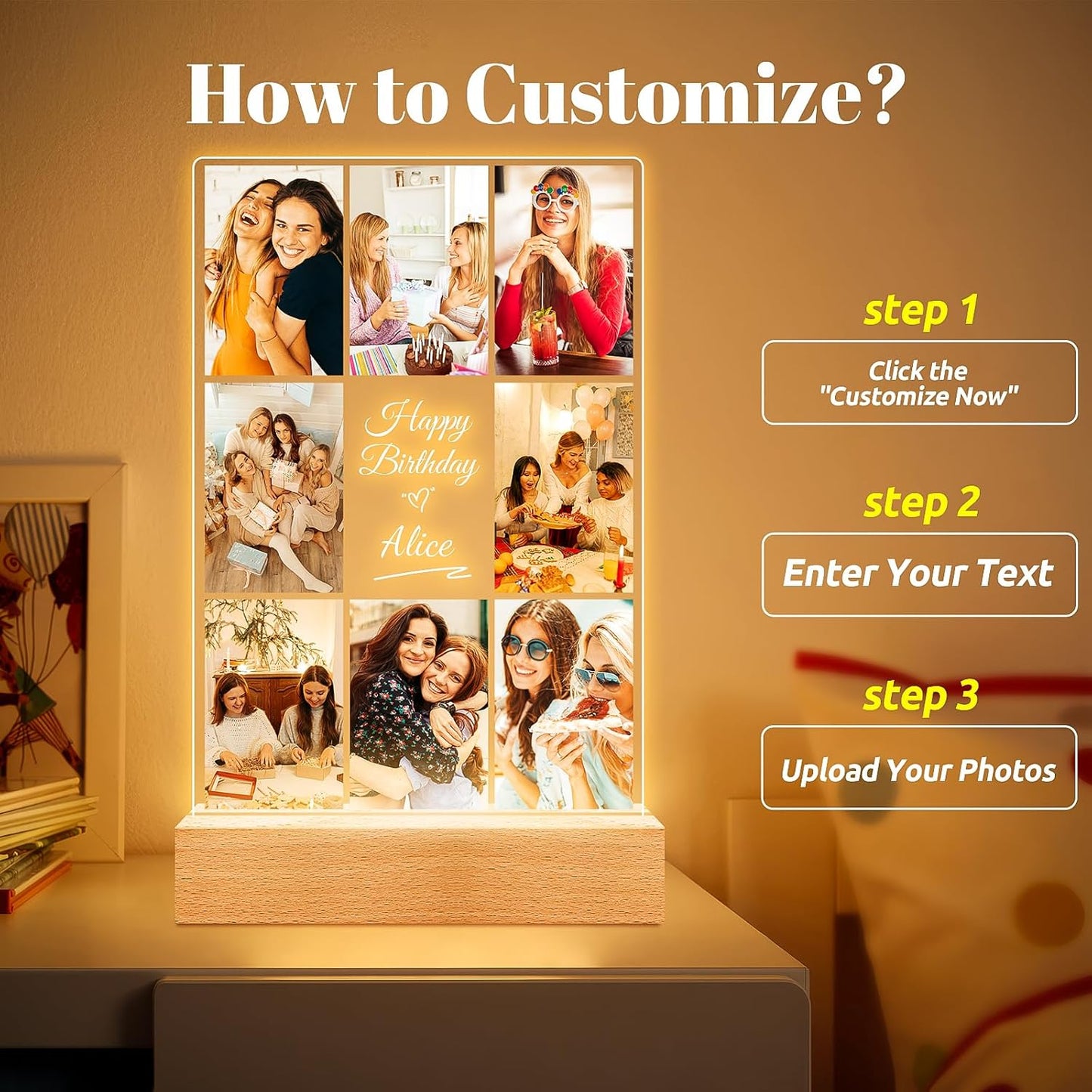 Custom Picture Frames with Photos, Personalized Photo Frame with Night Light, Customized Picture Frame, Personalized Birthday Gifts for Women Men Her Him Best Friends Wife Mom Dad Family Kid Baby