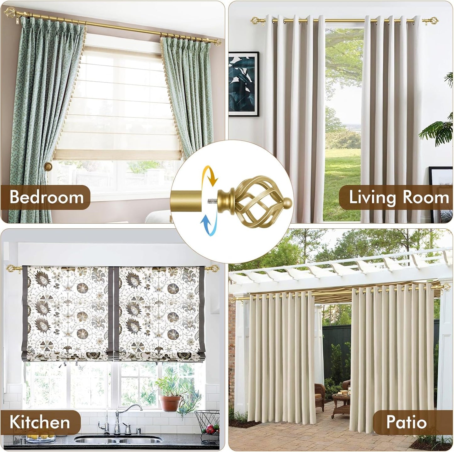 KAMANINA Gold Curtain Rod 32 to 58 Inch(2.6-4.8ft), Adjustable Curtain Rods for Windows 28 to 48 Inch, 3/4 Inch Splicing Drapery Rods with Twisted Cage Finial
