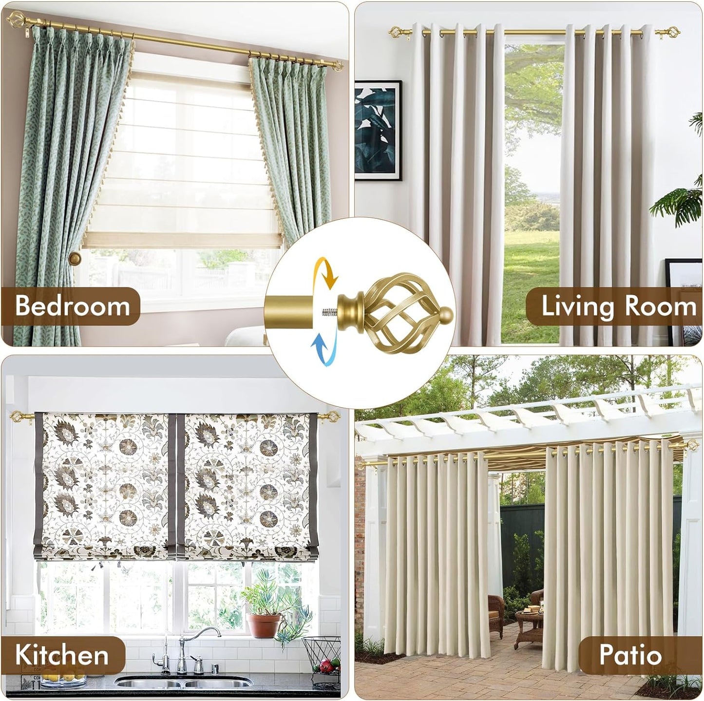 KAMANINA Gold Curtain Rods for Windows 72 to 144 Inch, Long Curtain Rod 32 to 144 Inches (2.6-12ft), 6/8 In Splicing Adjustable Single Drapery Rod with Twisted Cage Finial