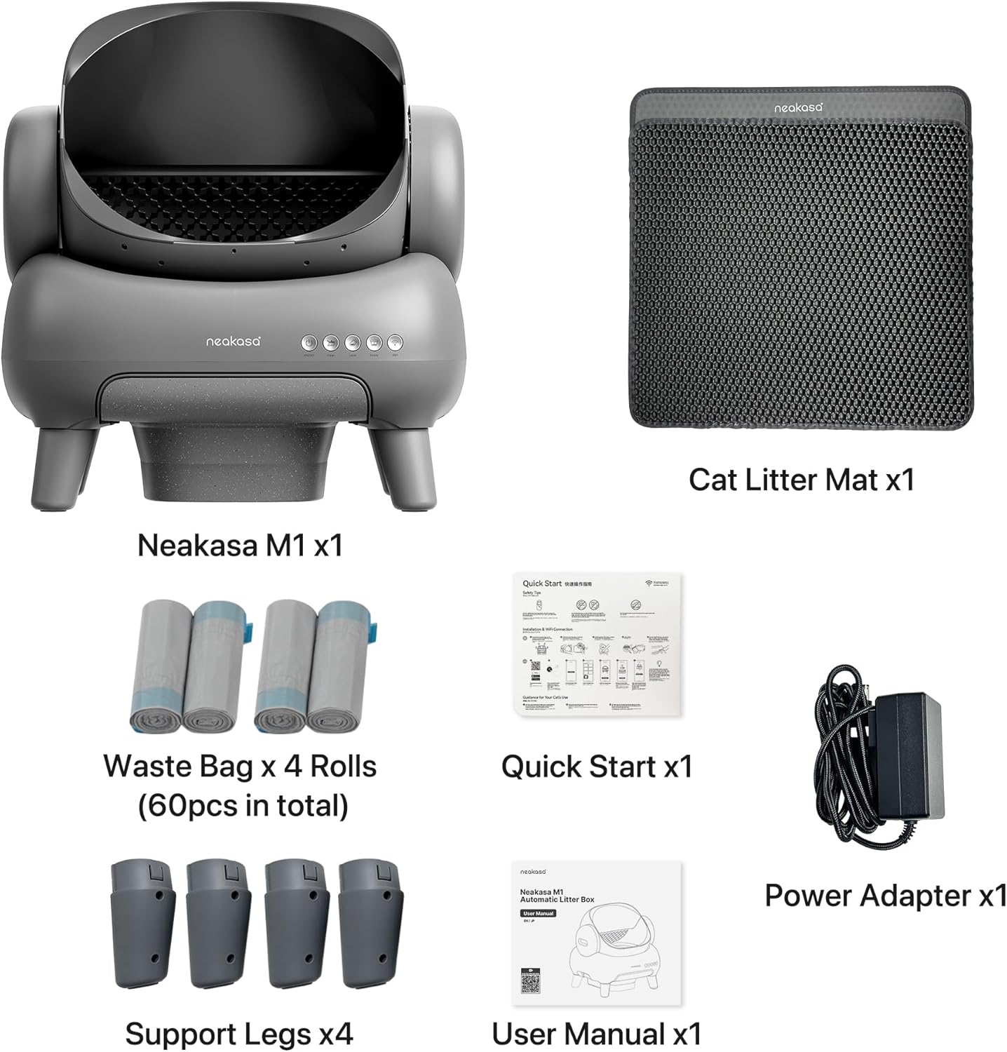 Neakasa M1 Plus Bundle Open-Top Self-Cleaning Cat Litter Box with APP Control, Includes 4 Rolls (60pcs) Refill Waste Bags, 2 Extra Rolls Added (Plus Version)