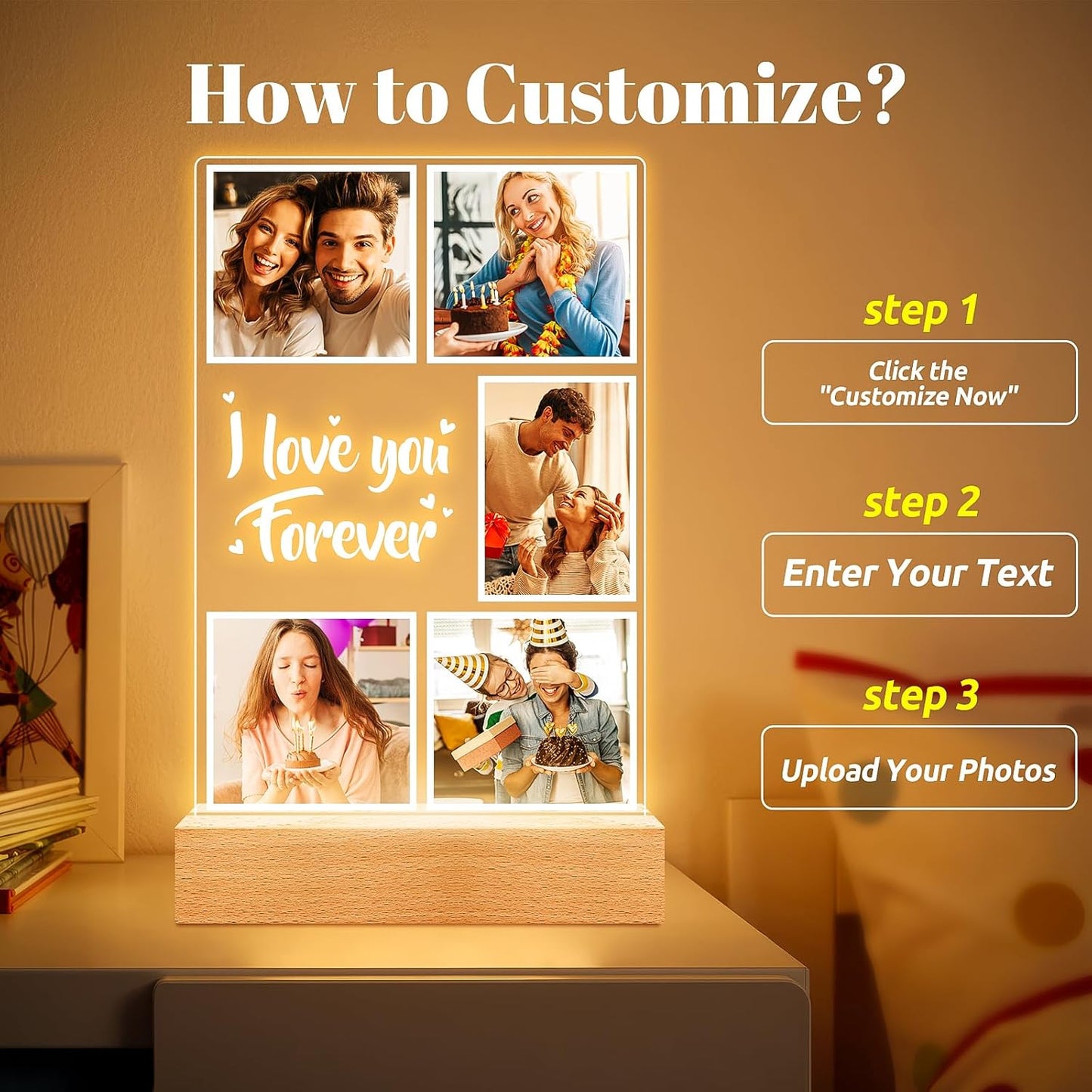Custom Picture Frames, Customized Photo Frame with Night Light, Personalized Picture Frame, Personalized Anniversary Valentines Day Gifts for Women Men Her Him Girlfriend Boyfriend Couple Wife