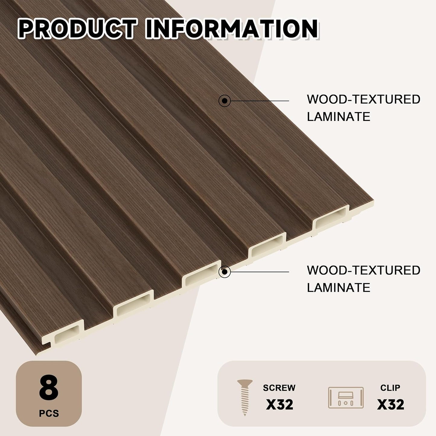 WPC Slat Wall Paneling, 8-Pack 3D WPC Wood Wall Panels, Acoustic Wall Panels for Interior Wall Decor, Living Room, Bedroom, Walnut, 95 x 6 in