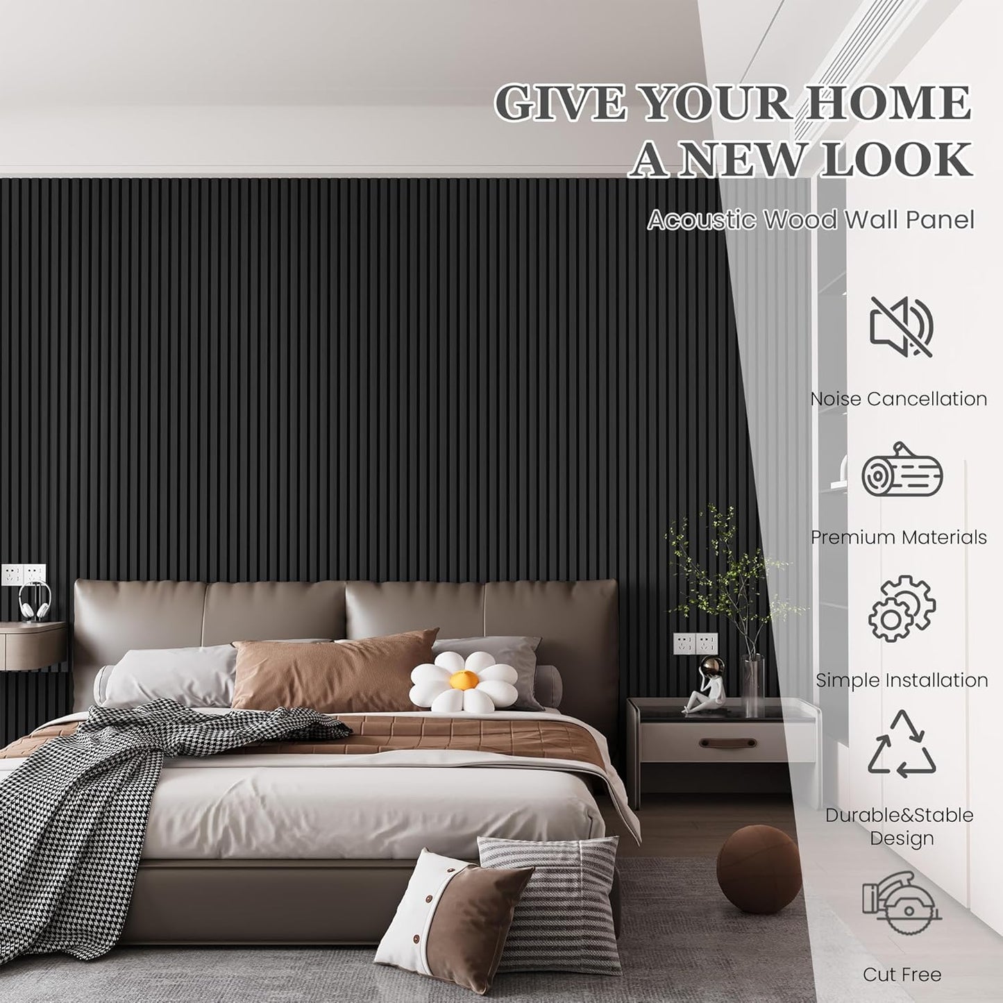 Wood Salt Acoustic Wall Panels, 4 Piece 94" x 12.6" x 0.8" Soundproof Wooden Wall Panels, 3D Fluted Sound Absorbing Panel, Dark Gray