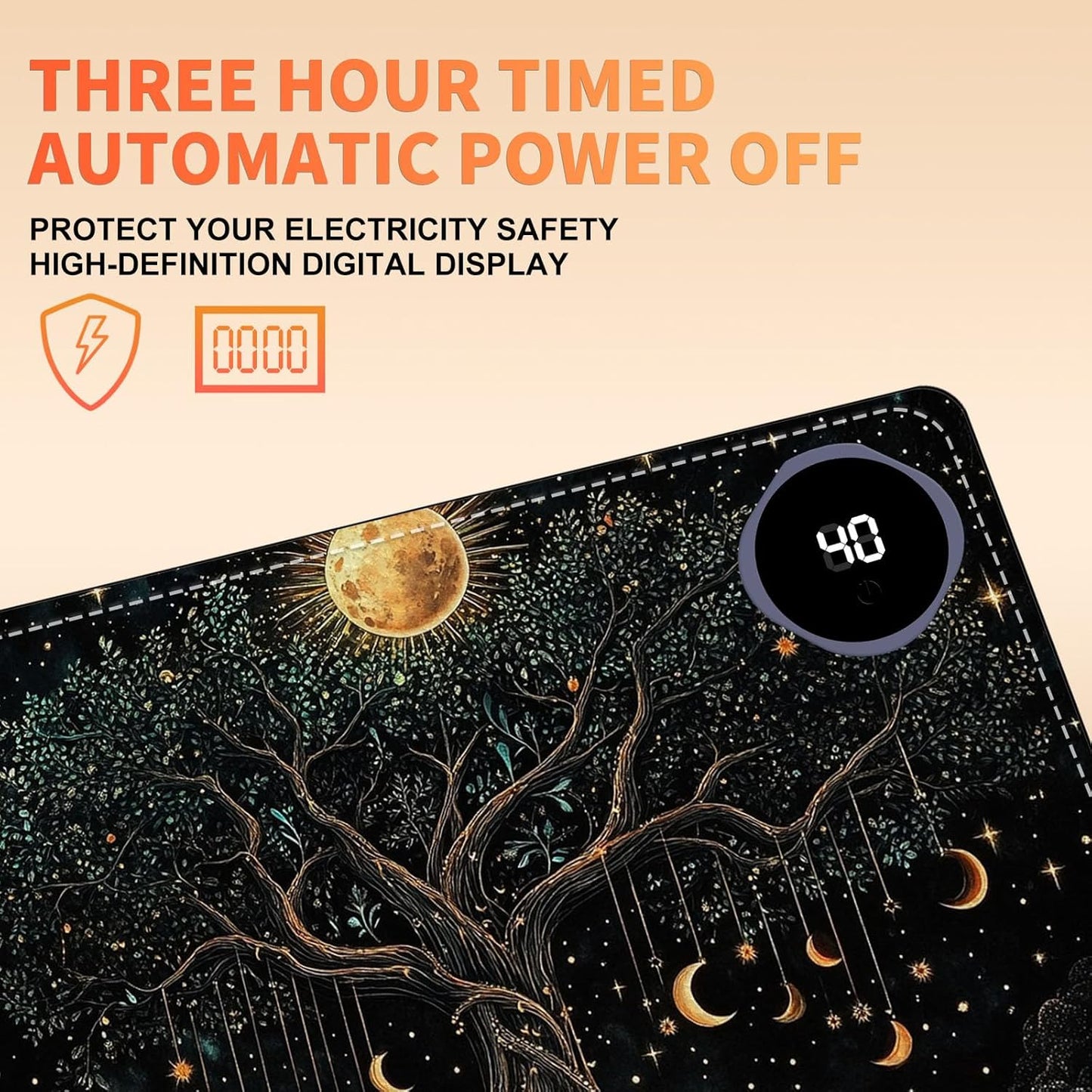 Heated Mouse Pad 23.6 x 14 in 3-Temp Fast Heating Desk Mat with Auto Timer Warmer for Hands Wrist Pain Relief Waterproof Keyboard Mat for Office, Gaming, Home, Moonlit Tree Art