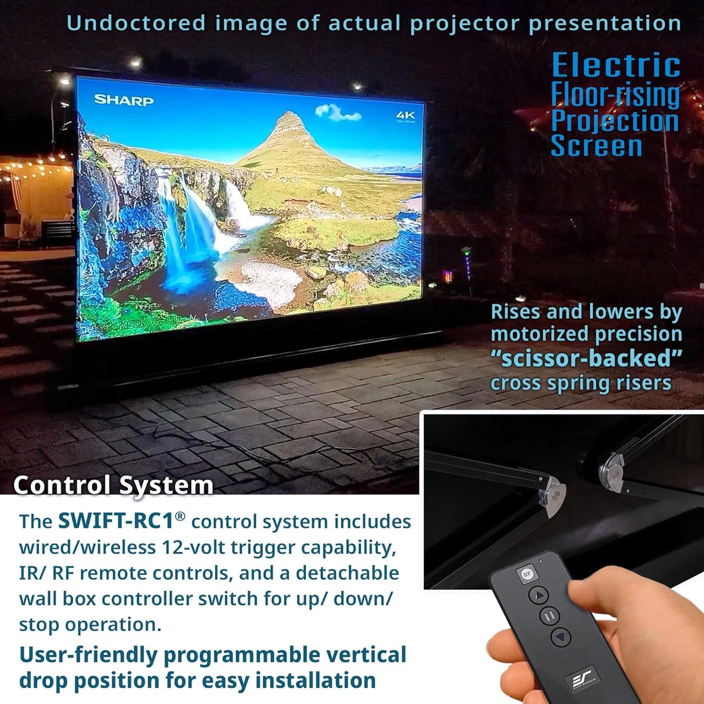 Elite Screens Kestrel Tab-Tension 3 CineWhite, 135 inch 16:9 Aspect Ratio, ISF Certified, Electric Floor-Rising Motorized Tab-Tensioned Front Projector Screen, Programmed Remote Kit, FTE135H3