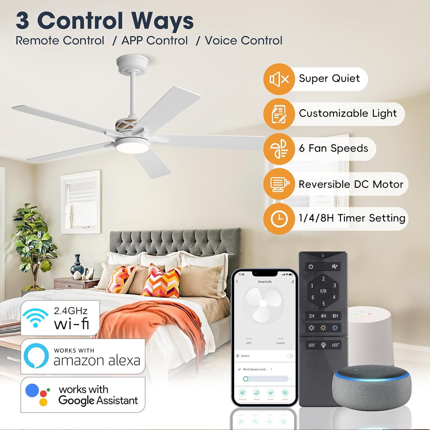 WINGBO 60" Smart Ceiling Fan with Lights, White/Oak Blades, 6 Speeds Reversible DC Motor, Works with Alexa and Google Assistant, 3CCT Dimmable LED Ceiling Fan for Bedroom Living Room, White Finish