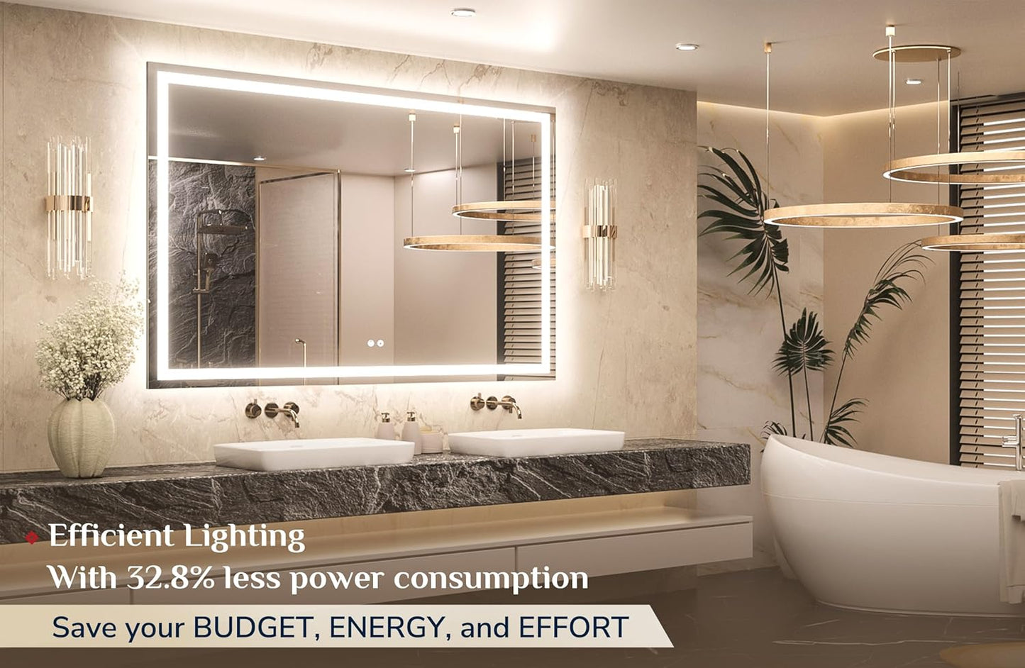 Keonjinn 60" x 40" Lighted Mirror for Bathroom Wall, LED Mirror with Frontlit & Backlit, Large Bathroom Mirror with Lights, Dimmable 3-Color Lights, HD Tempered Glass, UL-Listed LED Driver