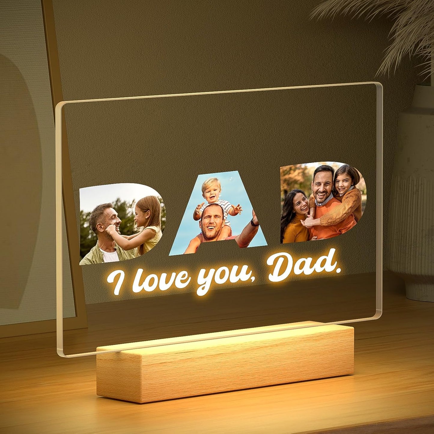 Custom Dad Picture Frame with Photo, Personalized Photo Frame with Night Light, Customized Picture Frames, Personalized Valentines Day Gifts for Dad from Daughter & Son