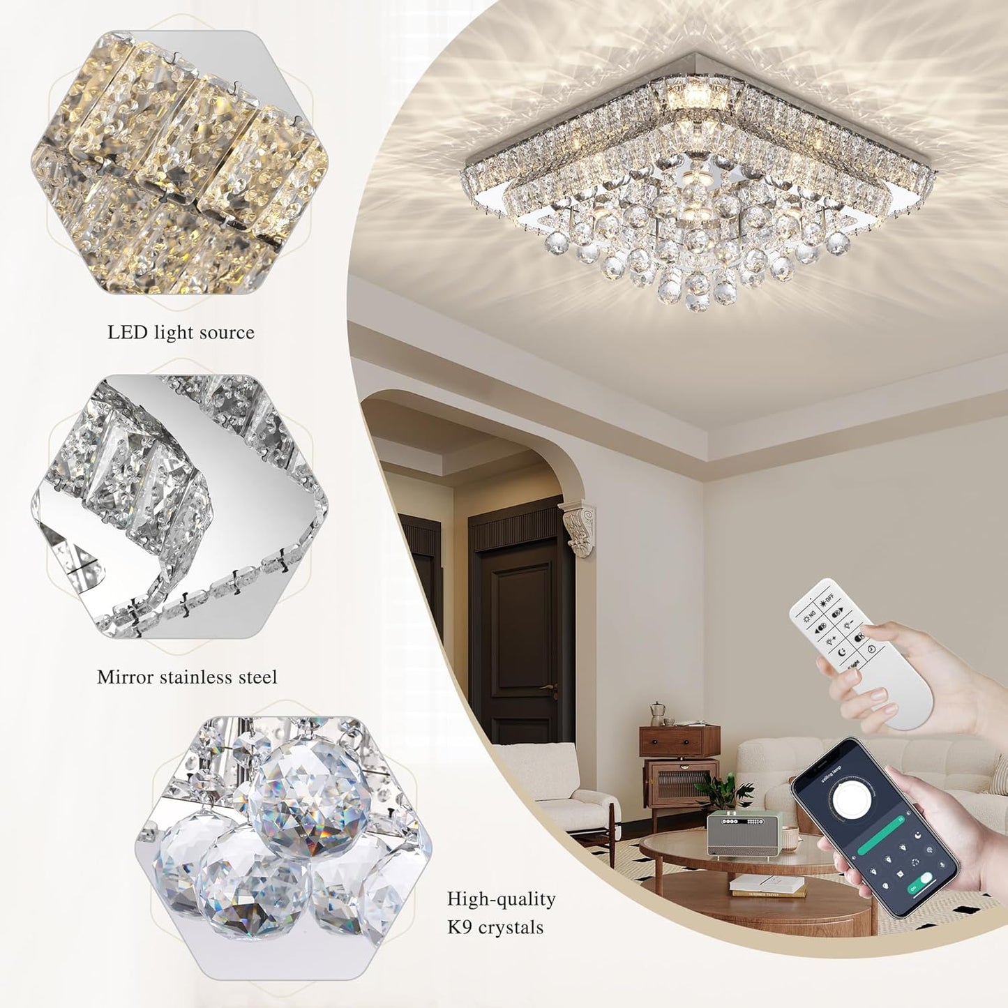 COCOSTAR 24 inch Crystal Flush Mount Chandelier Remote/APP, Modern Raindrop LED Ceiling Light, 3CCT Dimmable & Brightness Adjustable,Elegant Chandeliers for Bedroom Hallway Dinning Room Living Room