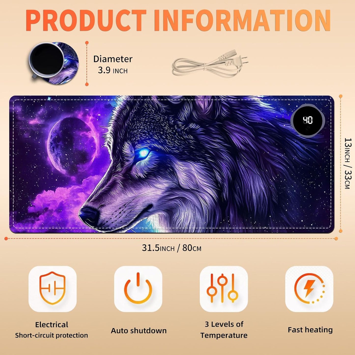 Heated Mouse Pad, Warm Desk Pad, Keyboard Mat 31.5 x 13 Inch Large Size Intelligent Fast Heating, 3 Speed Adjustable, Timed Auto Power Off for Game Office Home,Galaxy Wolf