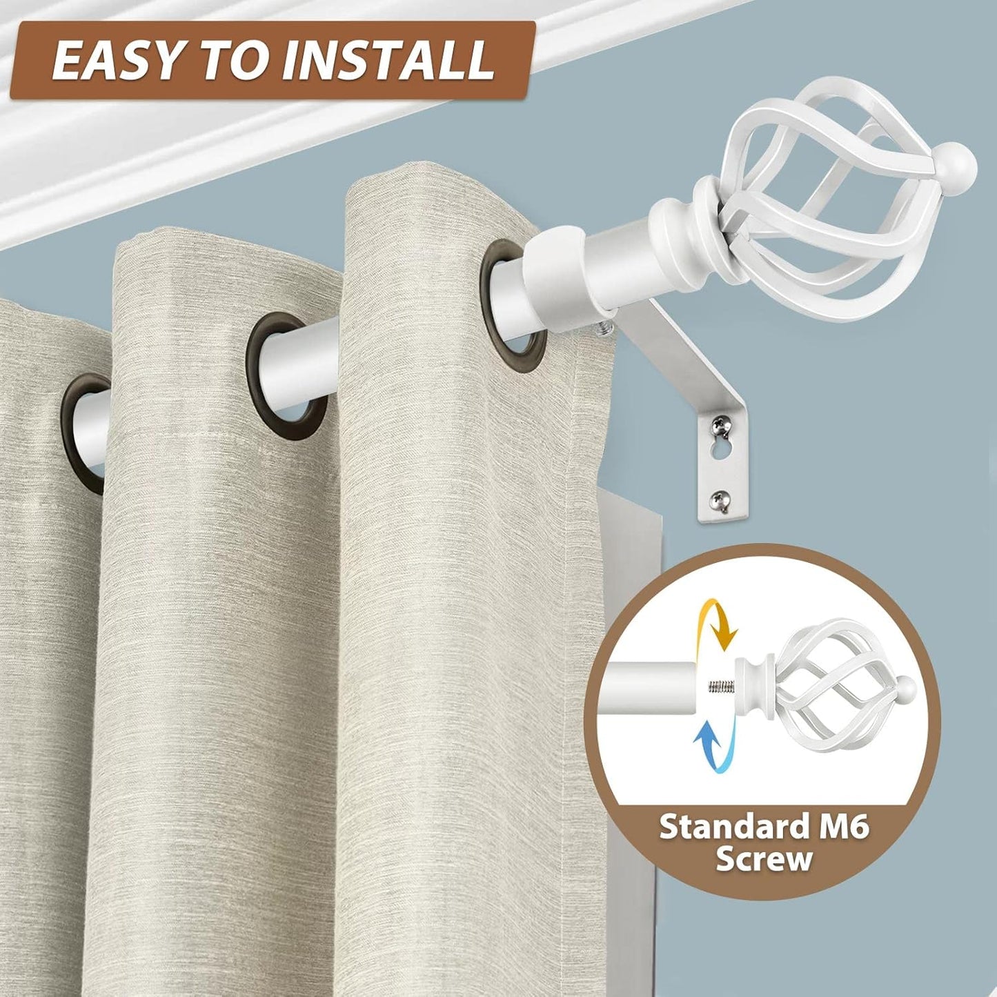 KAMANINA White Curtain Rods for Windows 48 to 84 Inch, Adjustable Single Curtain Rod 32 to 86 Inch(2.6-7.1ft), 3/4 Inch Splicing Drapery Rods with Twisted Cage Finial
