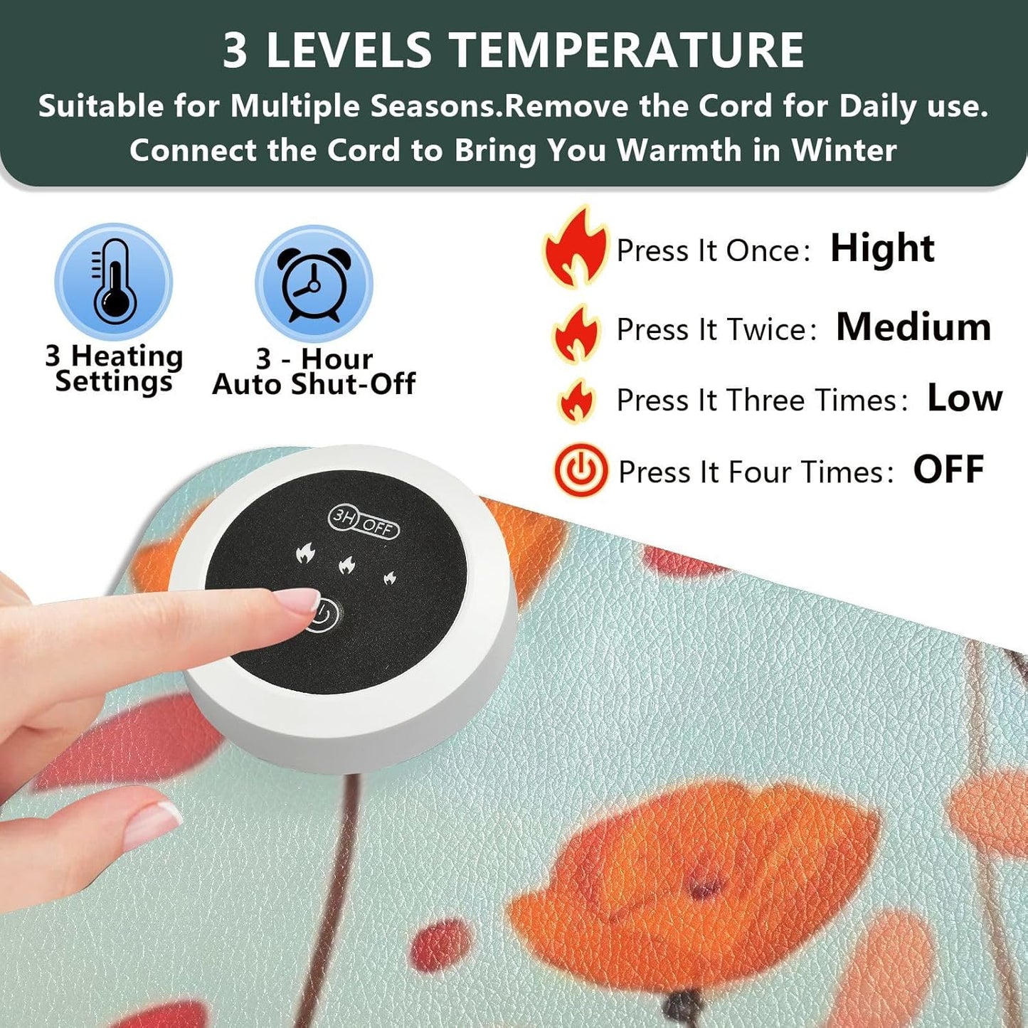 Heated Desk Pad Mouse Pad 31.5x13 Inch PU Leather Desk Mat with 3 Heat Levels Large Mouse Gaming Computer Laptop Mat Autumn Poppy Flowers