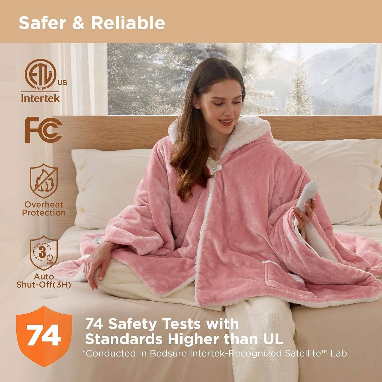 Bedsure Heated Blanket Wearable Shawl - Electric Wrap Poncho Blanket Hoodie for Adult, Winter Gifts for Mom Women Girlfriend, Warm Sherpa Heating Throw, Auto Shut Off, 55x64 inches, Pink