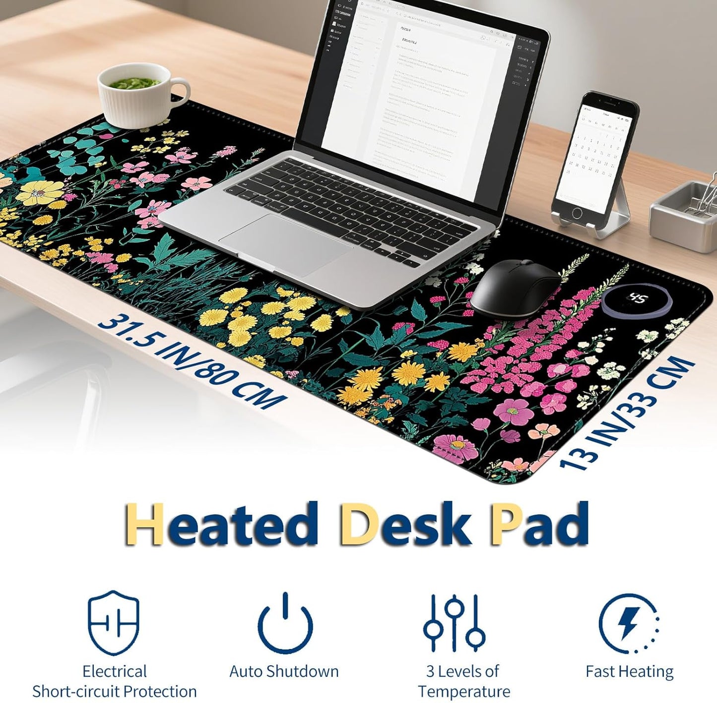 Heated Mouse Pad with 3 Temperature Settings(104°F–122°F),Large 31.5x13 Inch PU Leather Heated Desk Mat,Waterproof Warming Pad for Office,Gaming & Cold Hands Relief,Garden Flowers