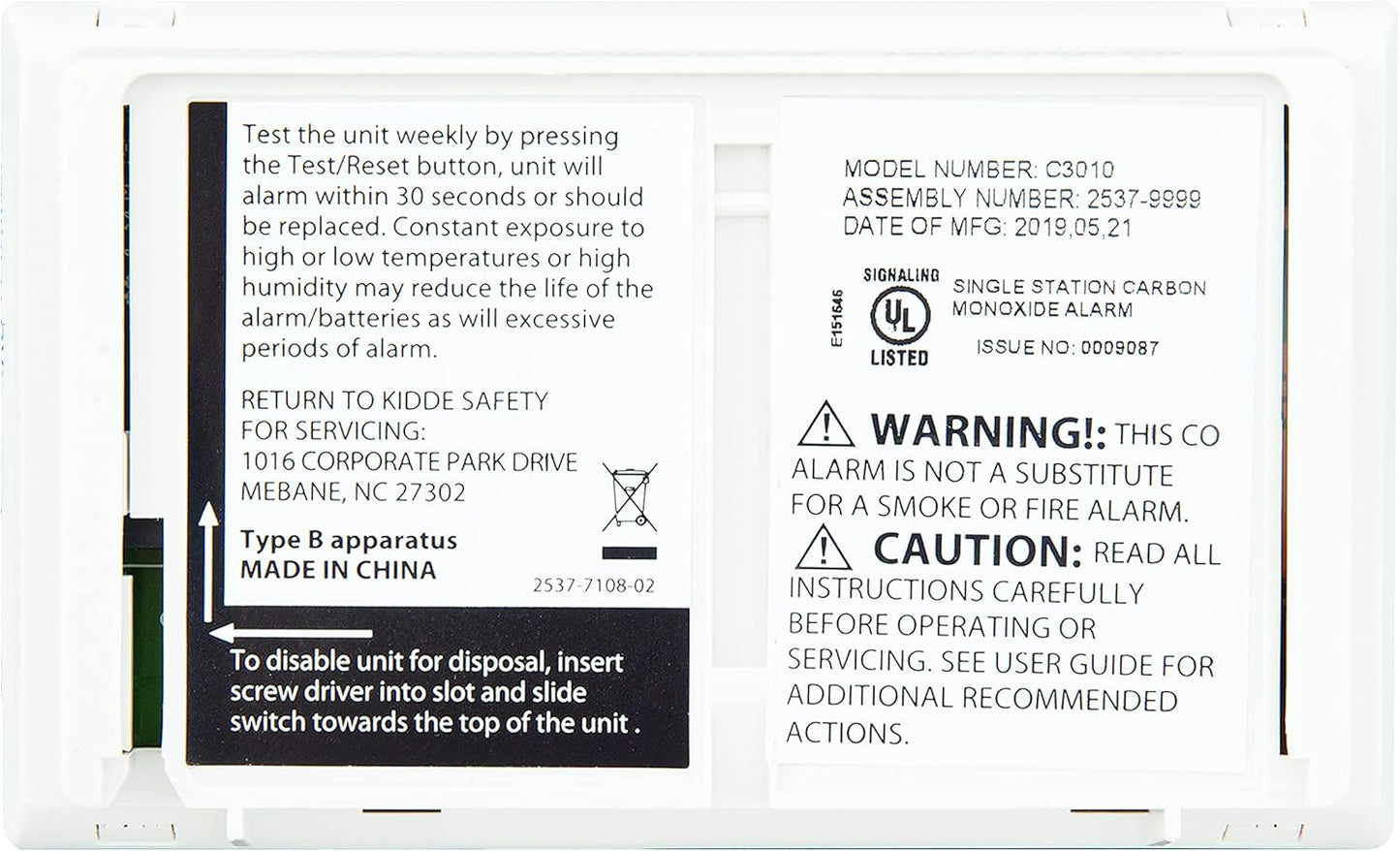 Kidde Carbon Monoxide Detector with 10-Year Battery, 3 LEDs, Replacement Indicator, Test-Reset Button