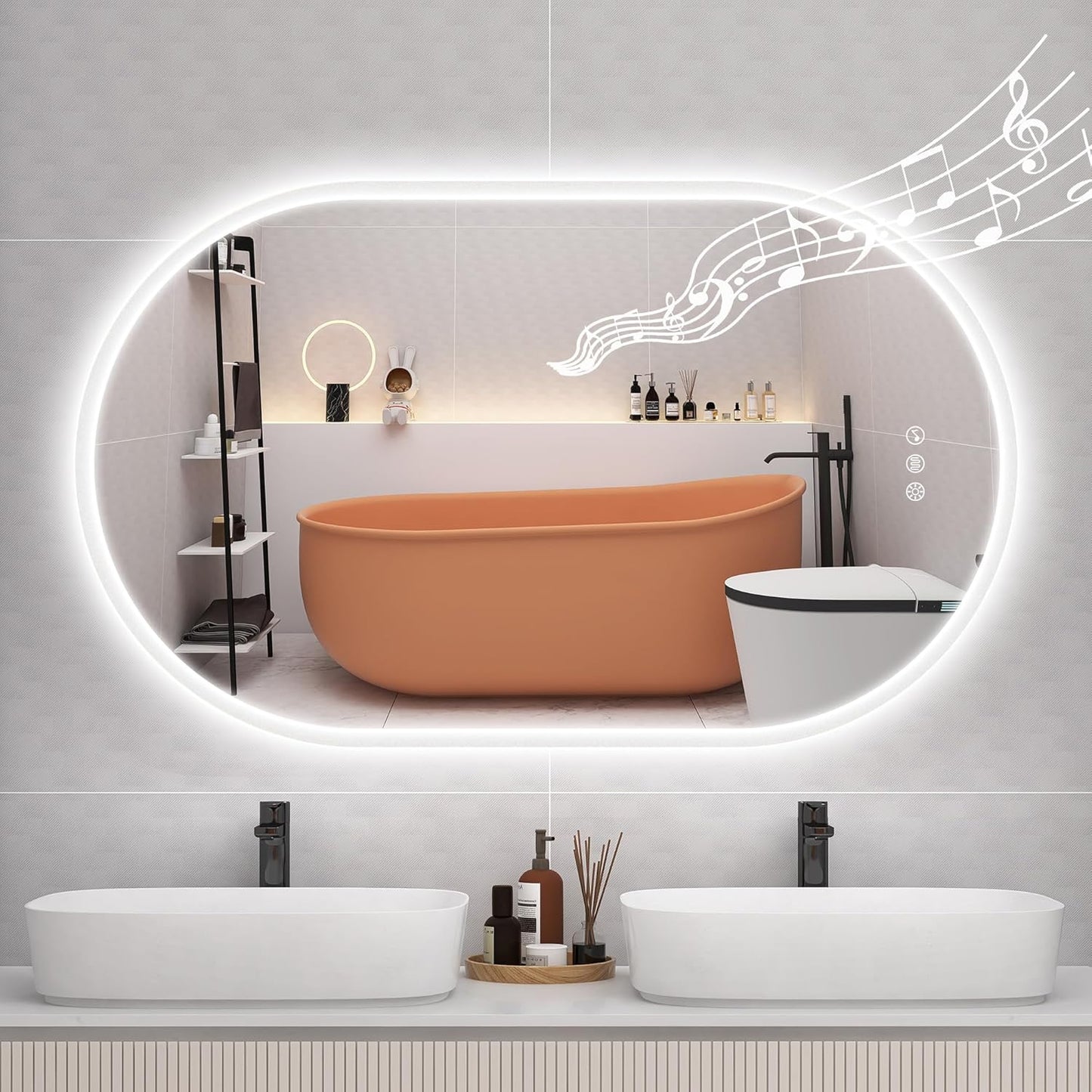 STARLEAD 40"x24" LED-Bathroom-Mirror-with-Lights, Wall-Mounted with Bluetooth Speaker, Anti-Fog, 3 Color Temperature, Dimmable Brightness, Waterproof, Tempered Glass, Frontlit & Backlit, Oval