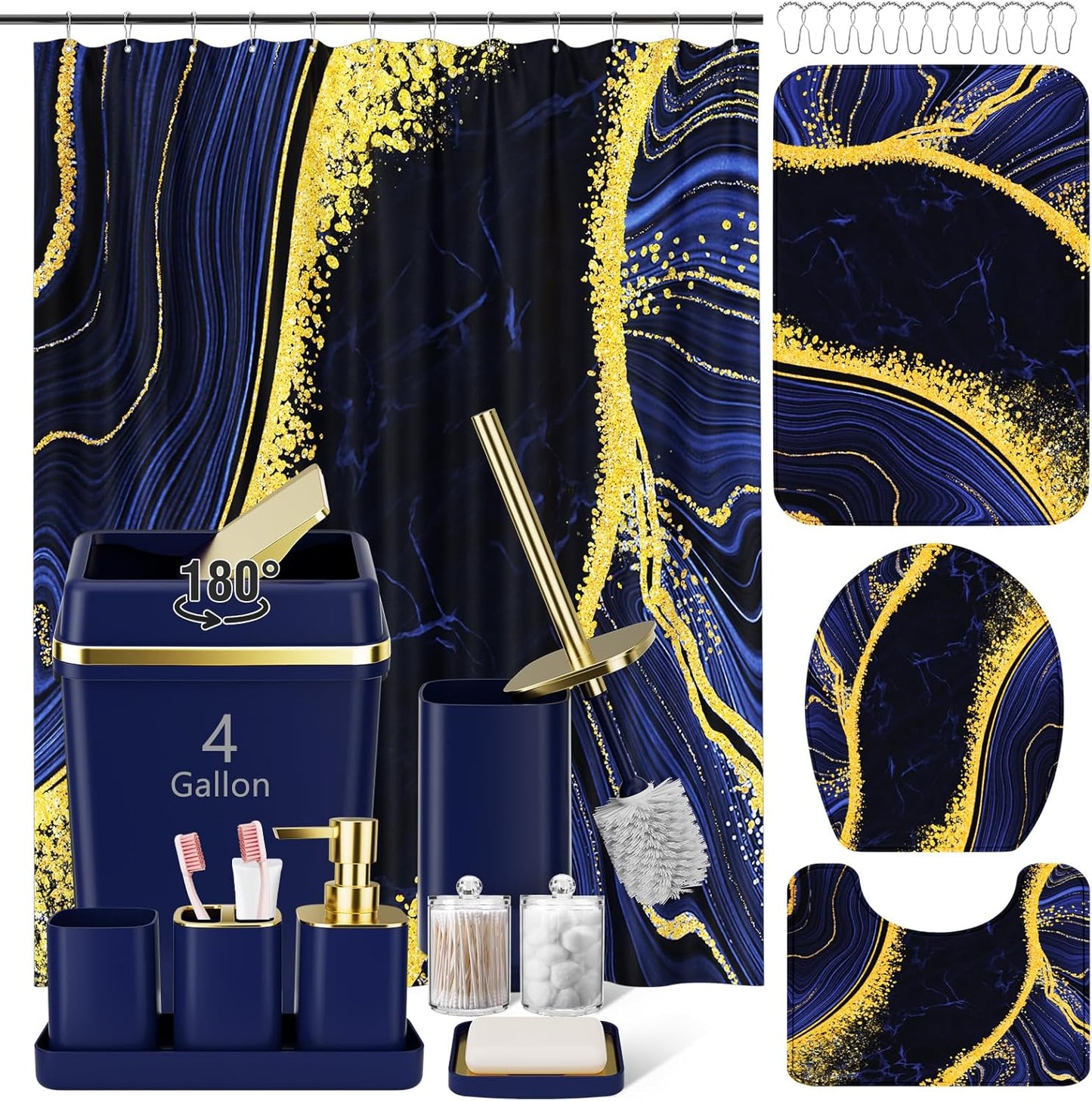 25PCS Bathroom Accessory Set, Navy Blue Bathroom Set with Large-Capacity 4 Gallon Trash Can,Bathroom Rugs Set, Waterproof Shower Curtain, Toilet Brush, Toothbrush Holder & Soap Dispenser