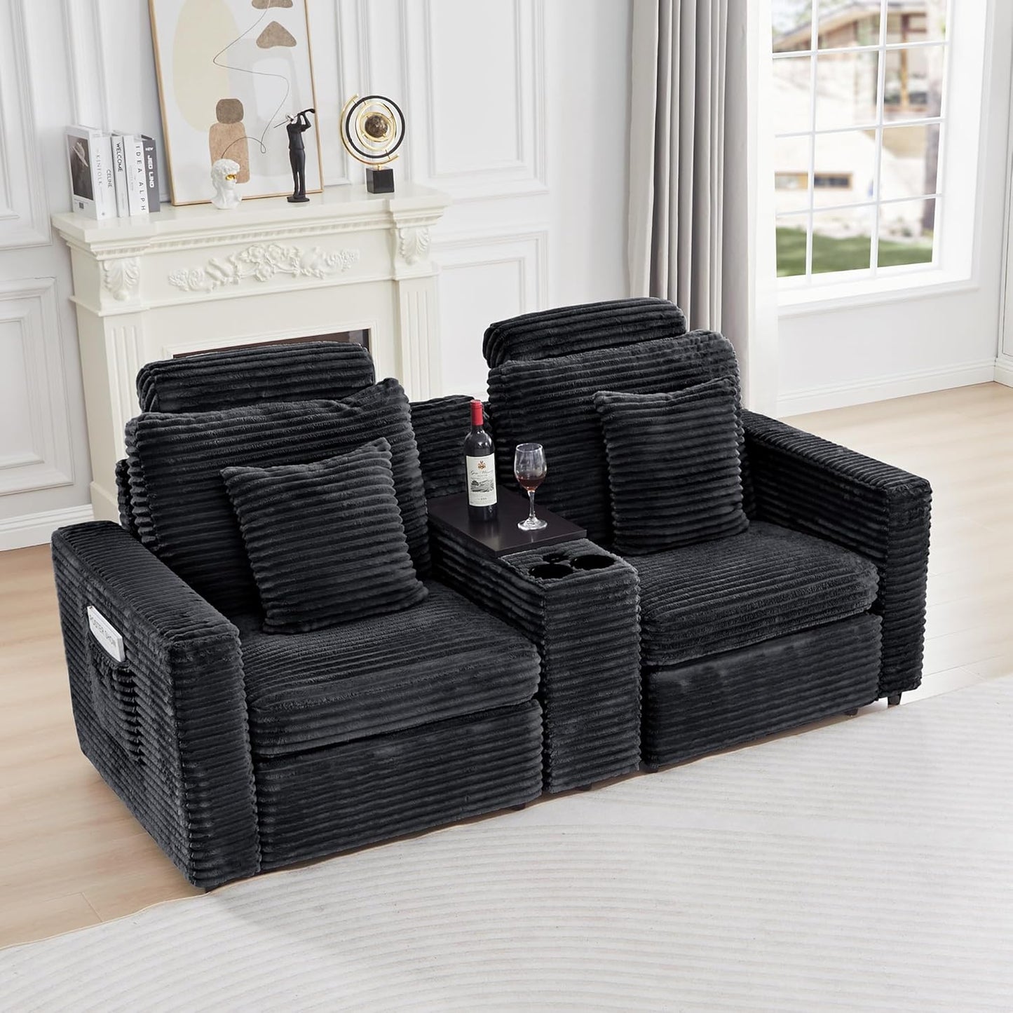 LEVNARY Modular Armless Chair Set of 2, Faux Rabbit Fur Upholstered Single Seat for Sectional Sofa Expansion (Black)