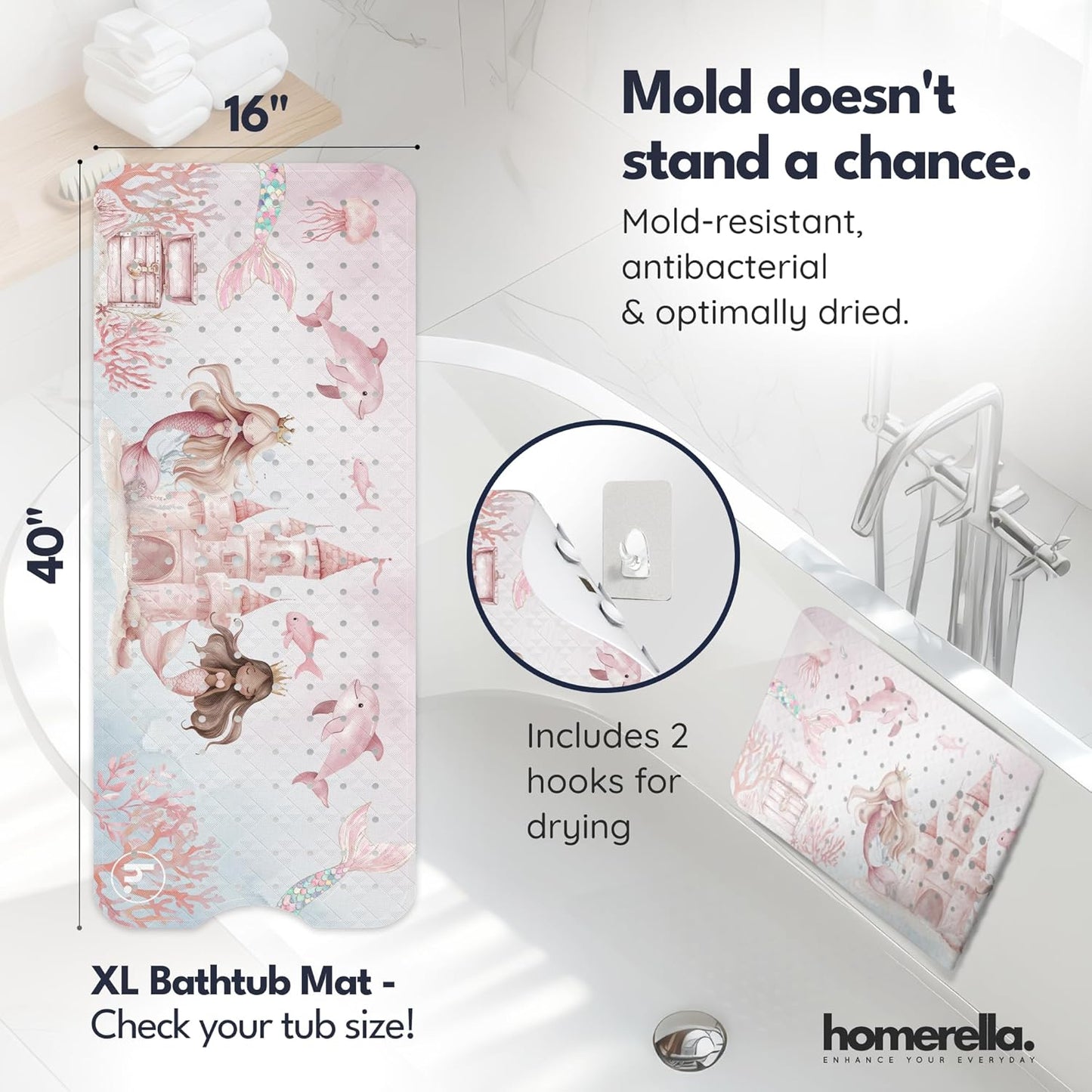 Bath Tub Mat Non Slip Anti Mold for Kids BPA Free INCL Hooks - homerella® Ocean Sea Animals 40x16, Baby Bath Mat Non Slip 200 Suction Cups, Non Toxic Machine Washable Toddler Bath Mat, EU Certified