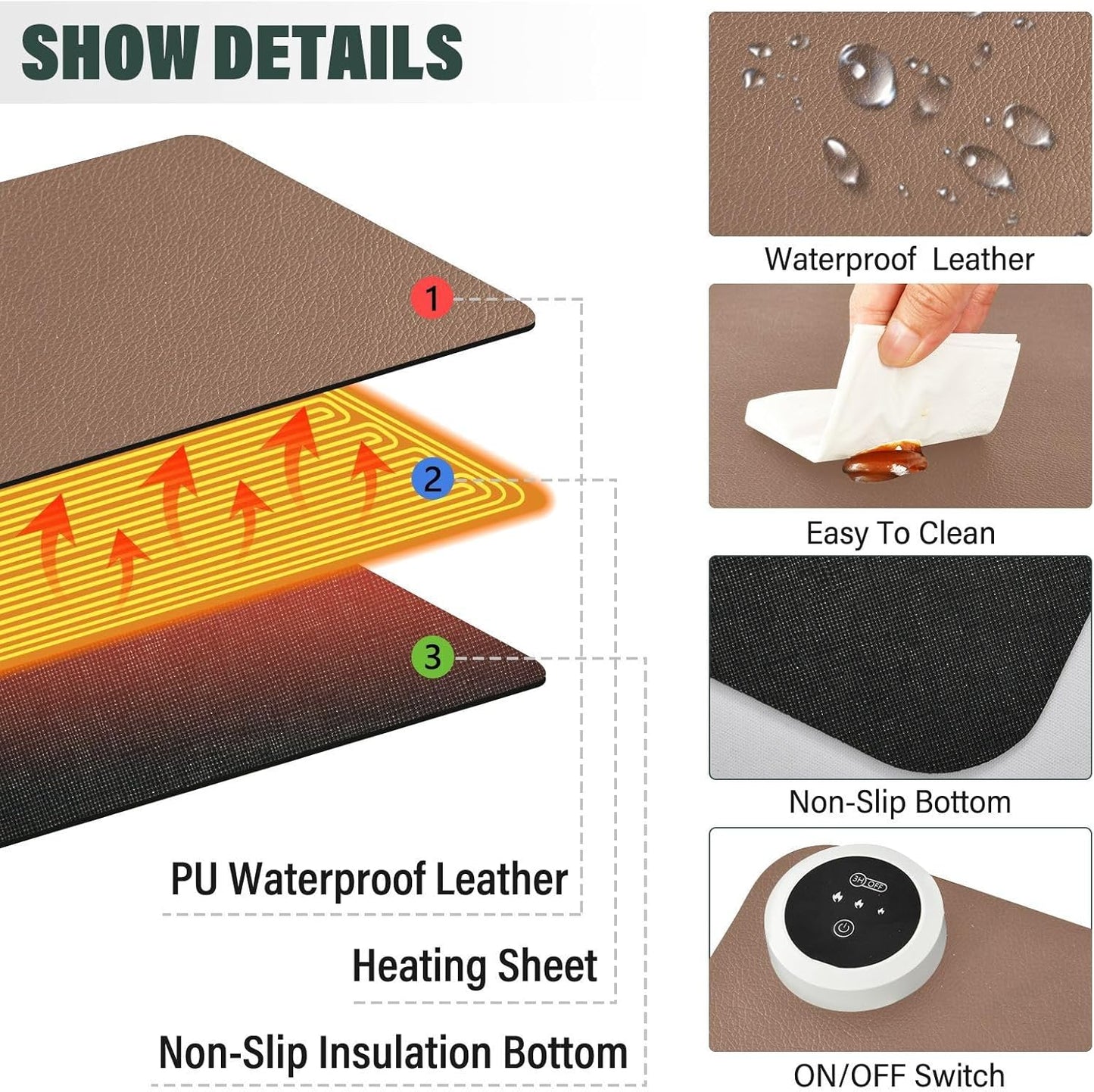 Brown Heated Desk Pad Mouse Pad 31.5x13 Inch PU Leather Desk Mat with 3 Heat Levels Large Mouse Gaming Computer Laptop Mat