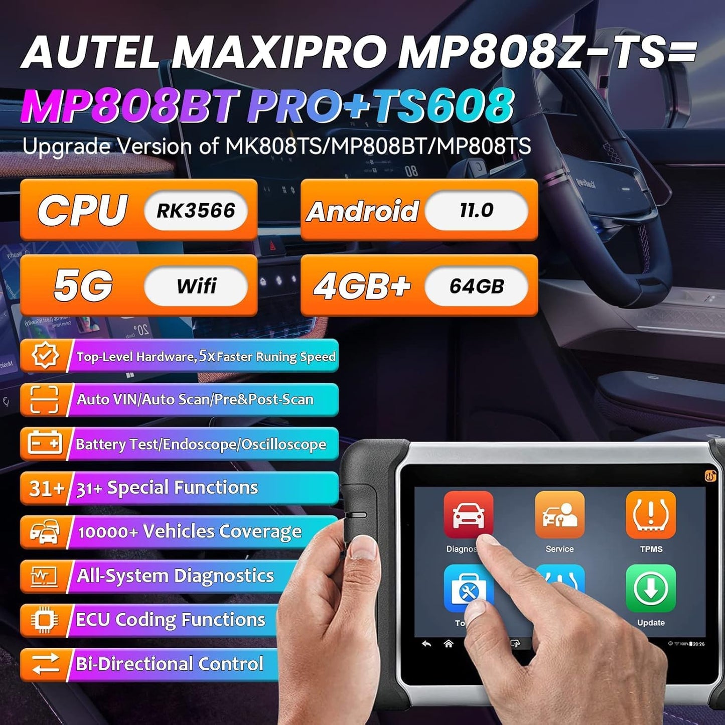 Autel Scanner MaxiPro MP808Z-TS+MV108S with 2 Year Updates: Upgrade Version of MK900BT & MP808BT Bidirectional Scan Tool, ECU Coding Same As MP900BT/MP900-TS, Full System Diagnostic Tool