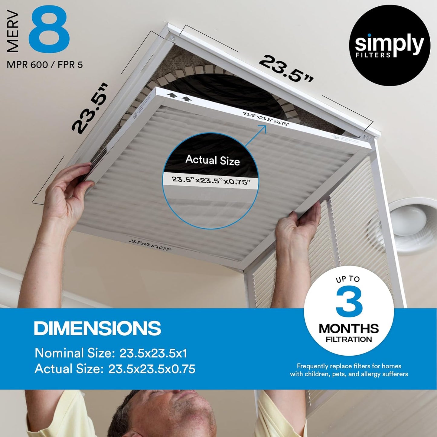 Simply 23.5x23.5x1 Air Filter, Merv 8, 6 Pack, For Home AC Furnace & HVAC (Actual Size: 23.5x23.5x"x0.75") DUST, Pet, & Allergy Control