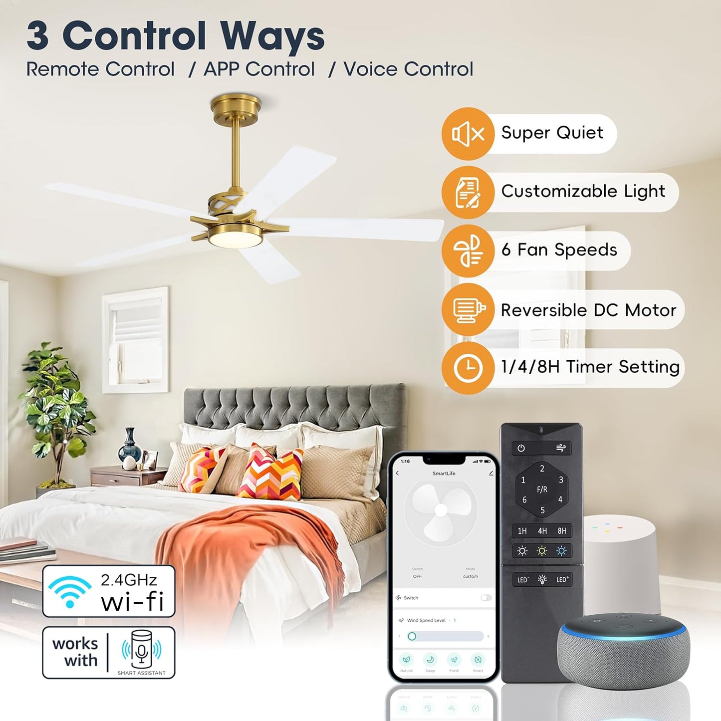 WINGBO 60" Smart Ceiling Fan with Lights and 3 Downrods, 5 Plywood Blades, 6 Speeds Reversible DC Motor, Works with Alexa and Google Assistant, 3CCT Dimmable LED Large Ceiling Fans, Brass and White