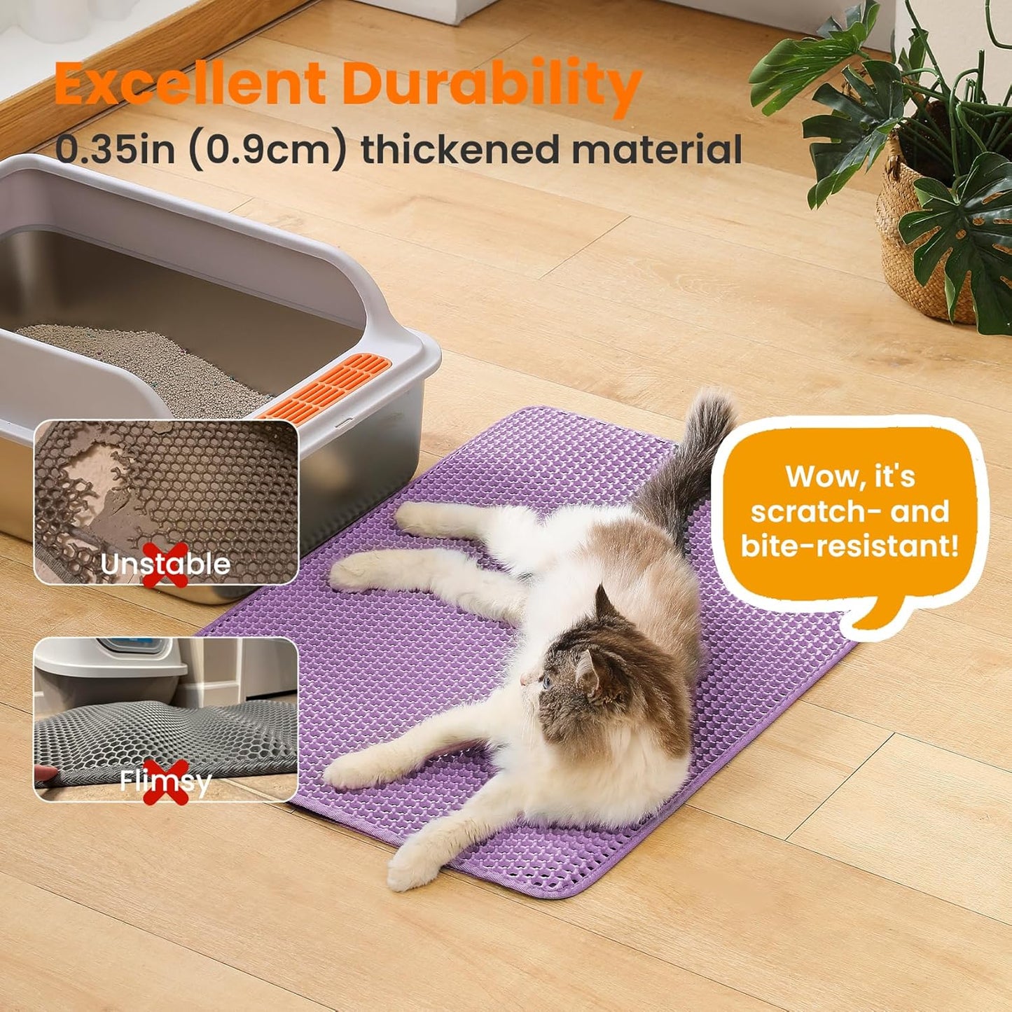 Extra Large Cat Litter Mat, 30x22 Inches Honeycomb Double Layer Cat Litter Trapping Mat, Non Slip Waterproof Urine Proof Large Kitty Litter Box Mat for Floor, Kitten Supplies, XL, Purple