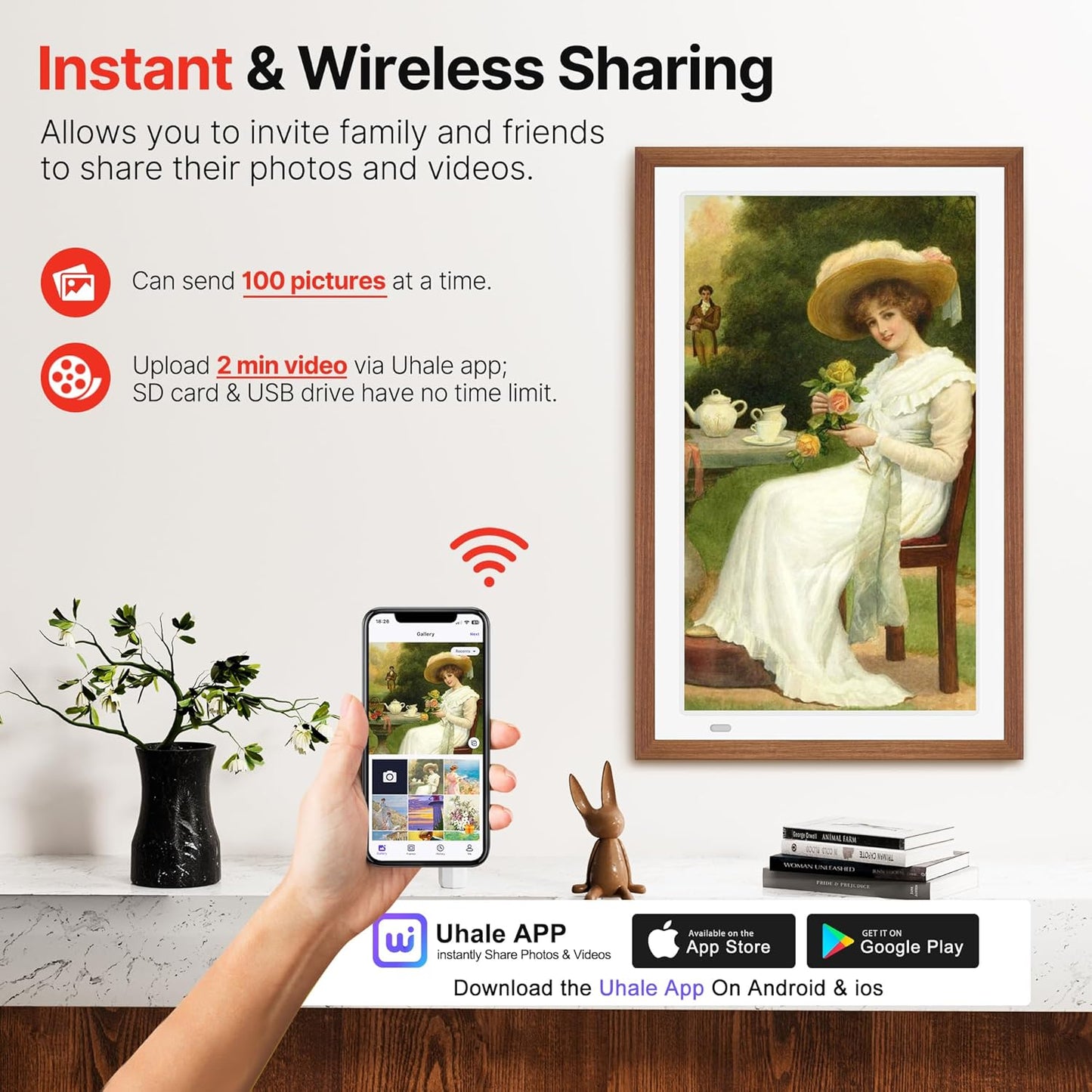 Uhale 21.5" Large Digital Picture Frame with Remote Control, 1920 x 1080 FHD IPS Display Wood WiFi Photo Frames 64GB, Wall Mounted, Auto Rotate, Support USB and SD Card, Instantly Share Photos Videos