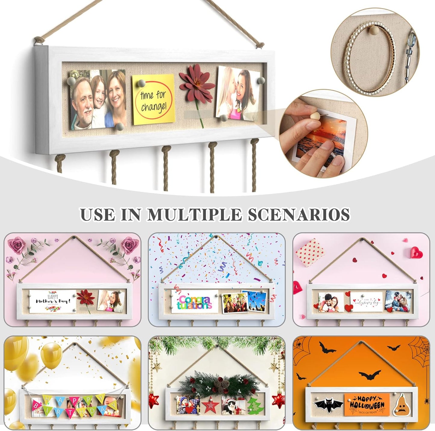 Bikoney Collage Picture Frames Hanging Photo Display Multi Pictures Organizer with Wood Bulletin Board Photo Board 30 Clips and 6 Pushpins for Room Wall Decor (White)