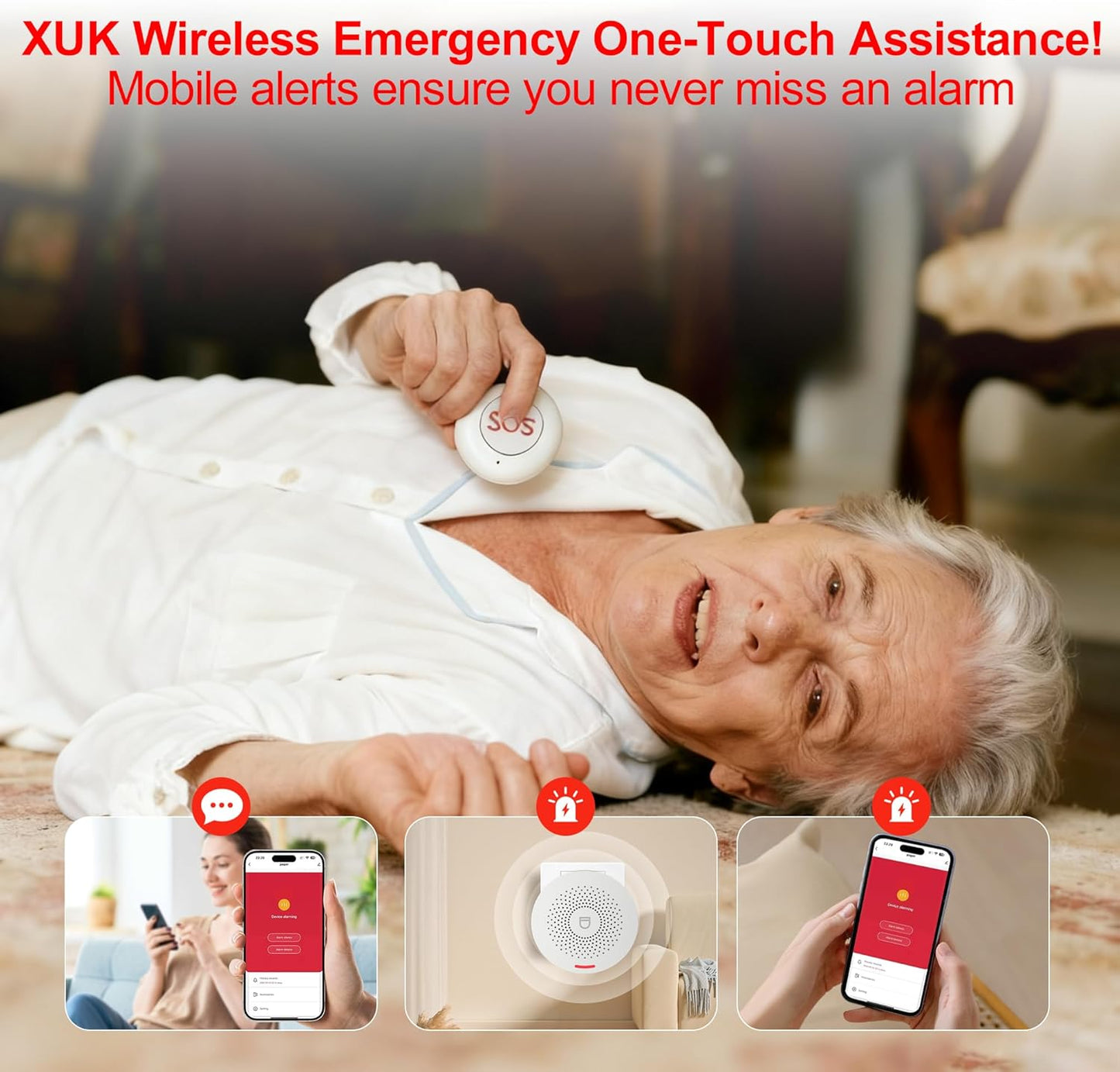 XUK WiFi SOS Caregiver Pager Call Button for Elderly, No Monthly Fee 2.4GHz Wi-Fi APP Control Wireless Nursing Call System with 1 SOS Call Panic Buttons & 1 Watch Pagers & 1 Square Pull Cord Pagers