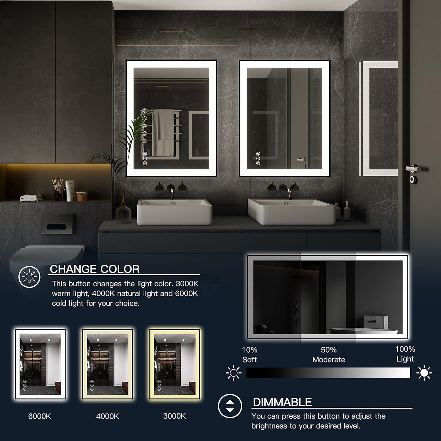 ISKM Framed LED Mirror for Bathroom 48"x30", Dimmable LED Bathroom Mirror with Lights, Anti-Fog, Front and Backlit Lighted Mirror 3-Colors, Shatterproof, Memory Function