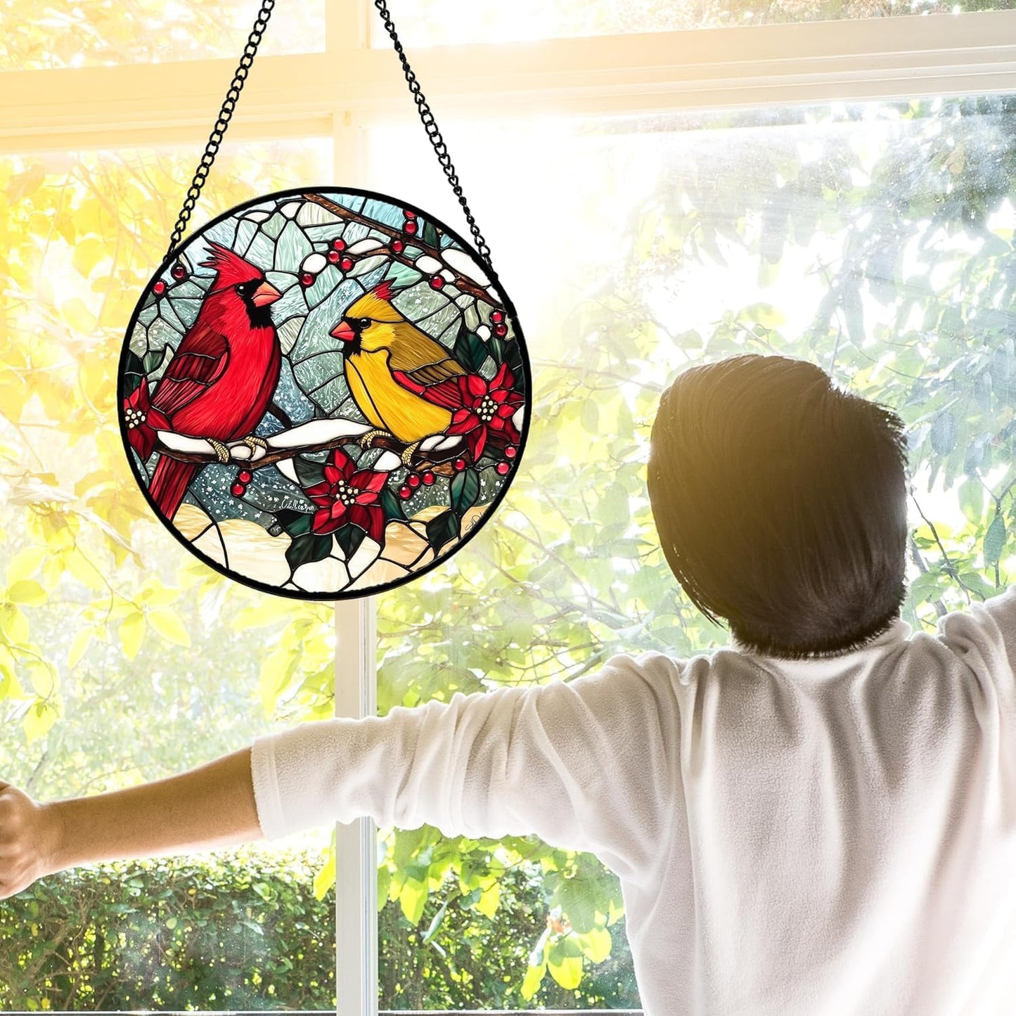 Stained Glass Window Hanging, Love Birds Cardinals Sun Catchers Colorful Glass Panel Birds Suncatcher Decor for Birthday for Women, Men, Wife, Lovers, and Mom 14.9x14.9 in
