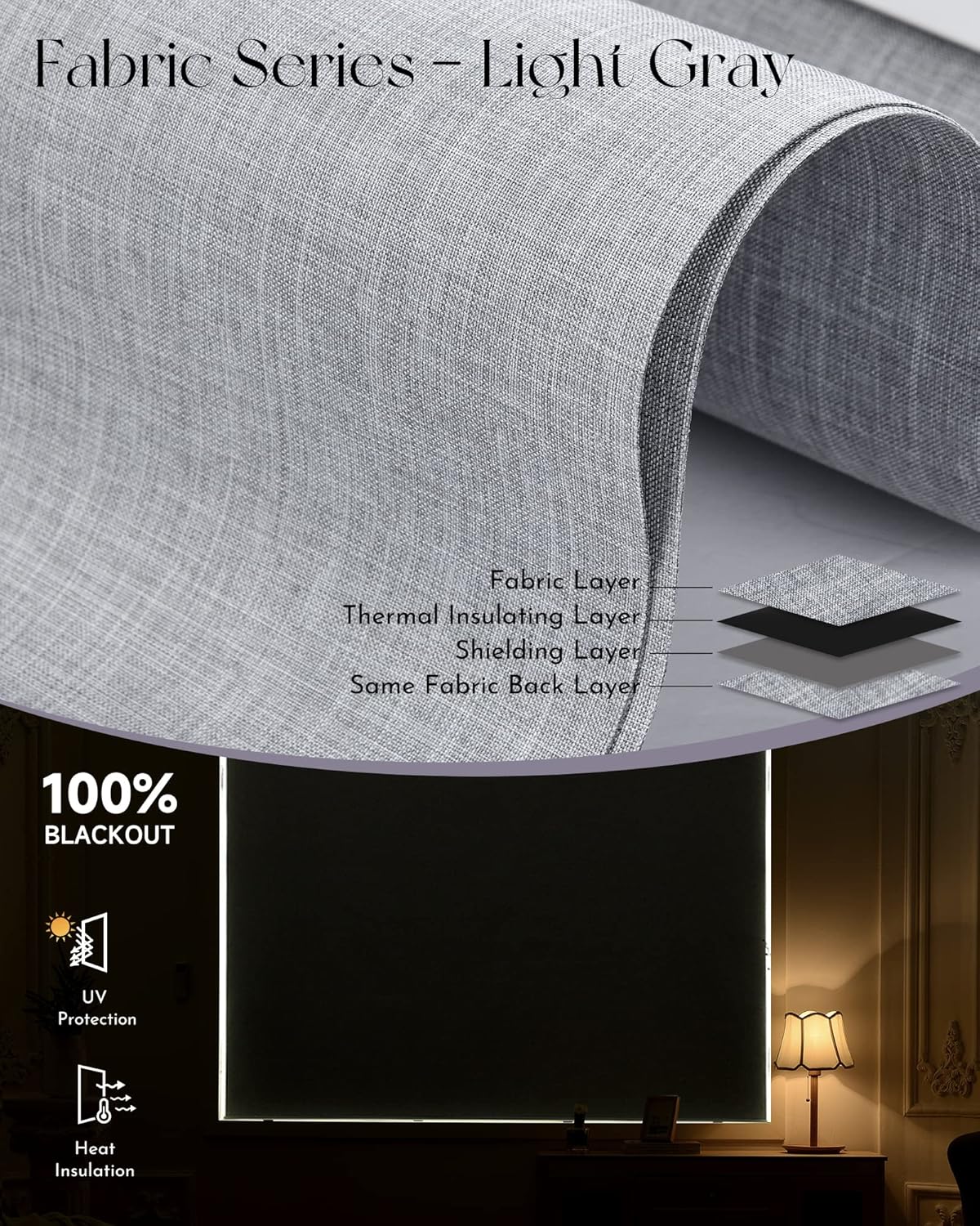 Graywind Motorized Roller Shades Work with Alexa Google Smart Blackout Shades with Remote Insulated Triple Weaved Fabric Window Blinds with Valance for Smart Home Office, Customized Size (Light Grey)