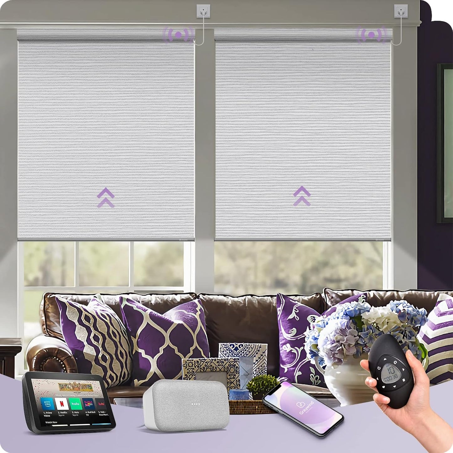 Graywind Smart Blackout Roller Shades Compatible with Alexa Google WiFi Hardwired Textured Gleaming Fabric Motorized Blinds Remote Window Shades, Custom Size (Striped Light Grey)