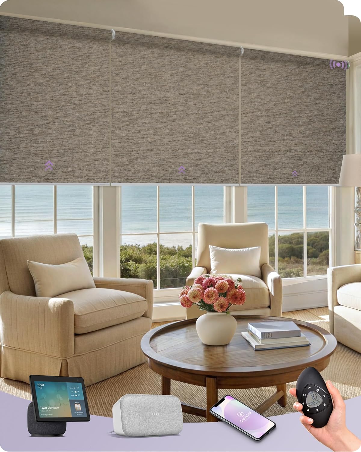 Graywind Smart Coupled Roller Shades Compatible with Alexa Google Custom Size Extra Large Motorized Blinds for Windows(Frequency Sand)