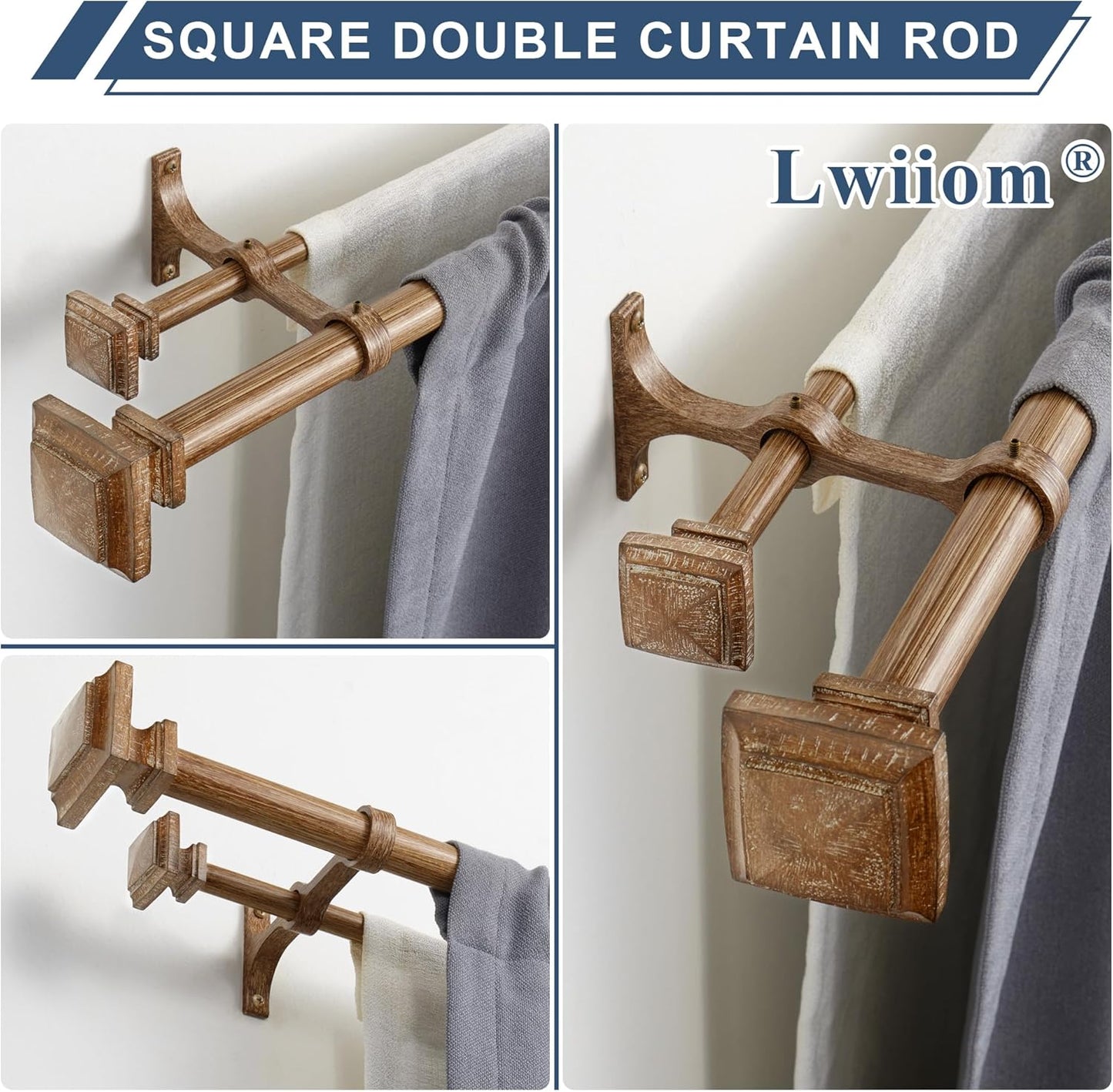Double Wood Curtain Rods for Windows 36 to 72 Inches,1 Inch Decorative Wooden Curtain Rod with Square Imitation Wood Grain Finials and Double Aluminum Bouquet Bracket, Coffee Brown Wood Grain