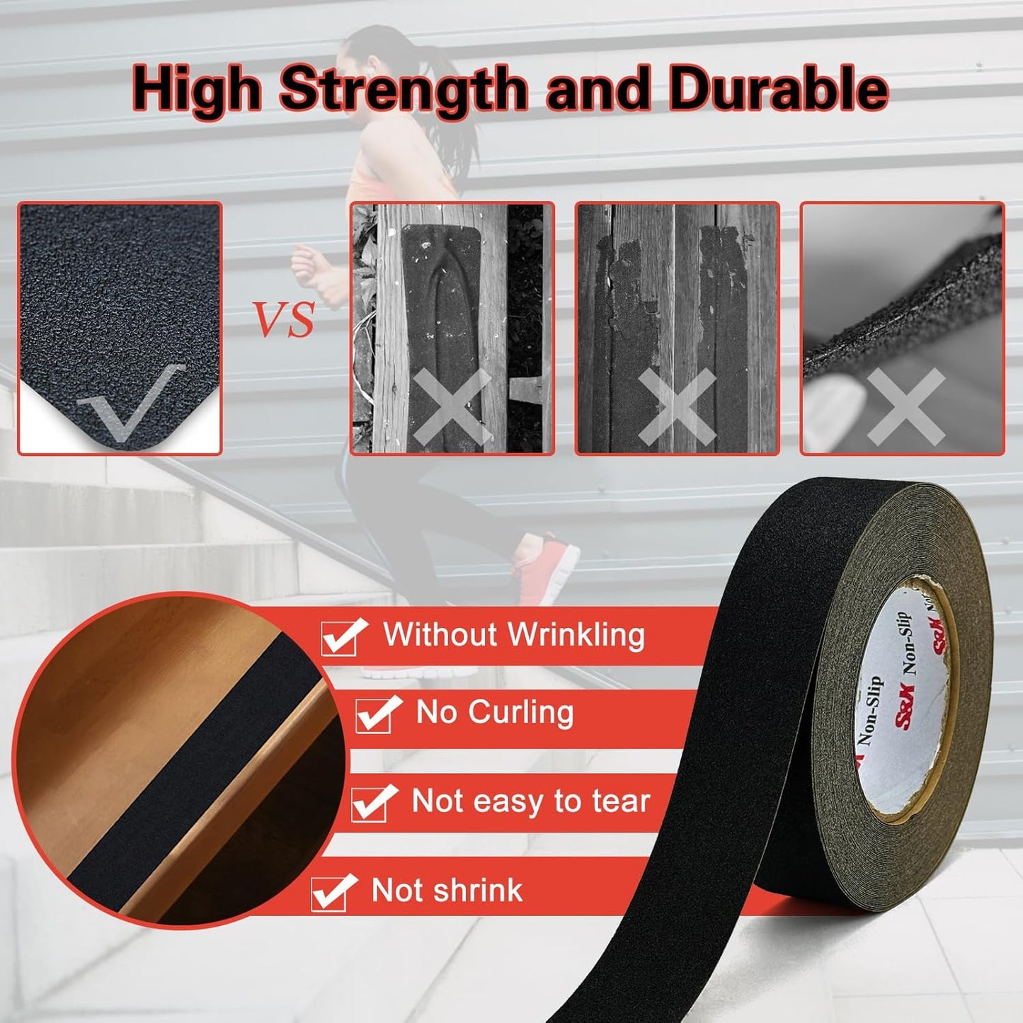 S&X Non Slip Tape 1 1/2 INCH x 60 FT Grip Tape for Stairs, Steps Waterproof and Durable, Black