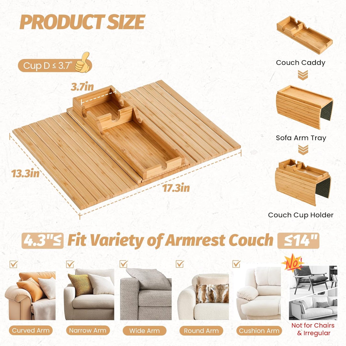 GEHE Detachable Couch Cup Holder, Anti Falling Sofa Arm Tray, Natural Bamboo Sofa Cup Holder More Safe for You Family, Portable Couch Arm Tray Armrest Table for Remote, Snacks, Phone, Drinks