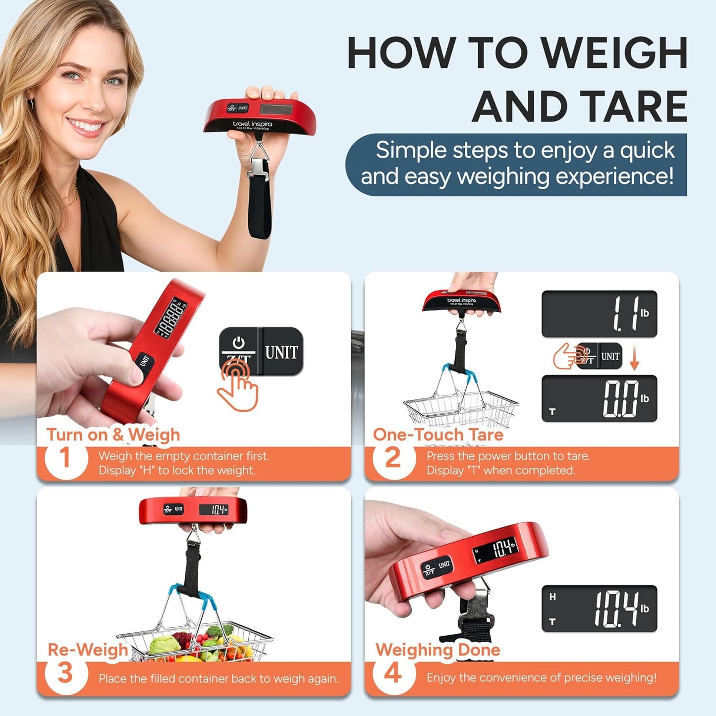 travel inspira Luggage Scale, Portable Digital Hanging Baggage Scale for Travel, Suitcase Weight Scale with Rubber Paint, 110 Pounds, Battery Included