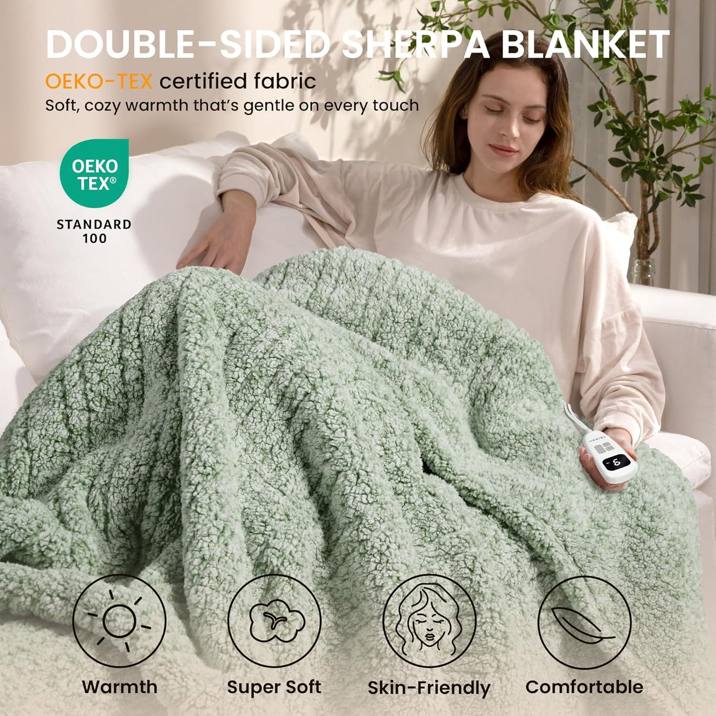 Heated Blanket Electric Blanket Full - Fast Heating Blanket Throw Double Sided Sherpa Ultra Soft Cozy with 10 Heating Levels & 2-10 Hours Auto Off, Mashine Washable, 72 x 84 Inches, Sage