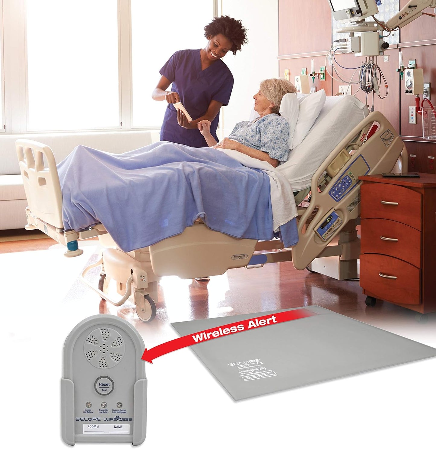 Secure Wireless Floor Mat Bed Alarm for Seniors - Wireless Alarm Monitor, Floor Mat Sensor, Transmitter, Power Adapter - No Noise in Patient Room - Fall &Wandering Prevention for Elderly Dementia