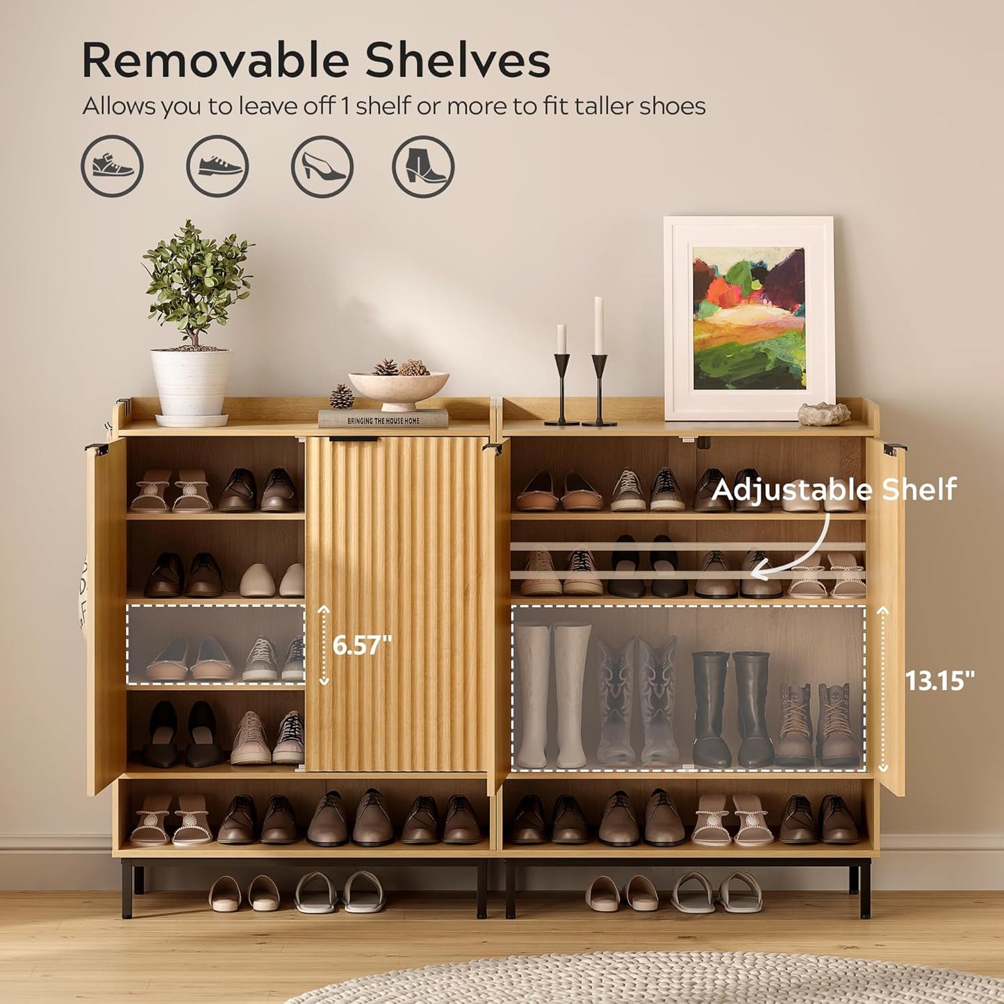 Fluted Shoe Cabinet with Doors, Large Wooden Shoe Storage Cabinet with Adjustable Shelves, Modern Tall Freestanding Shoe Rack Organizer for Entryway, Hallway Natural Oak